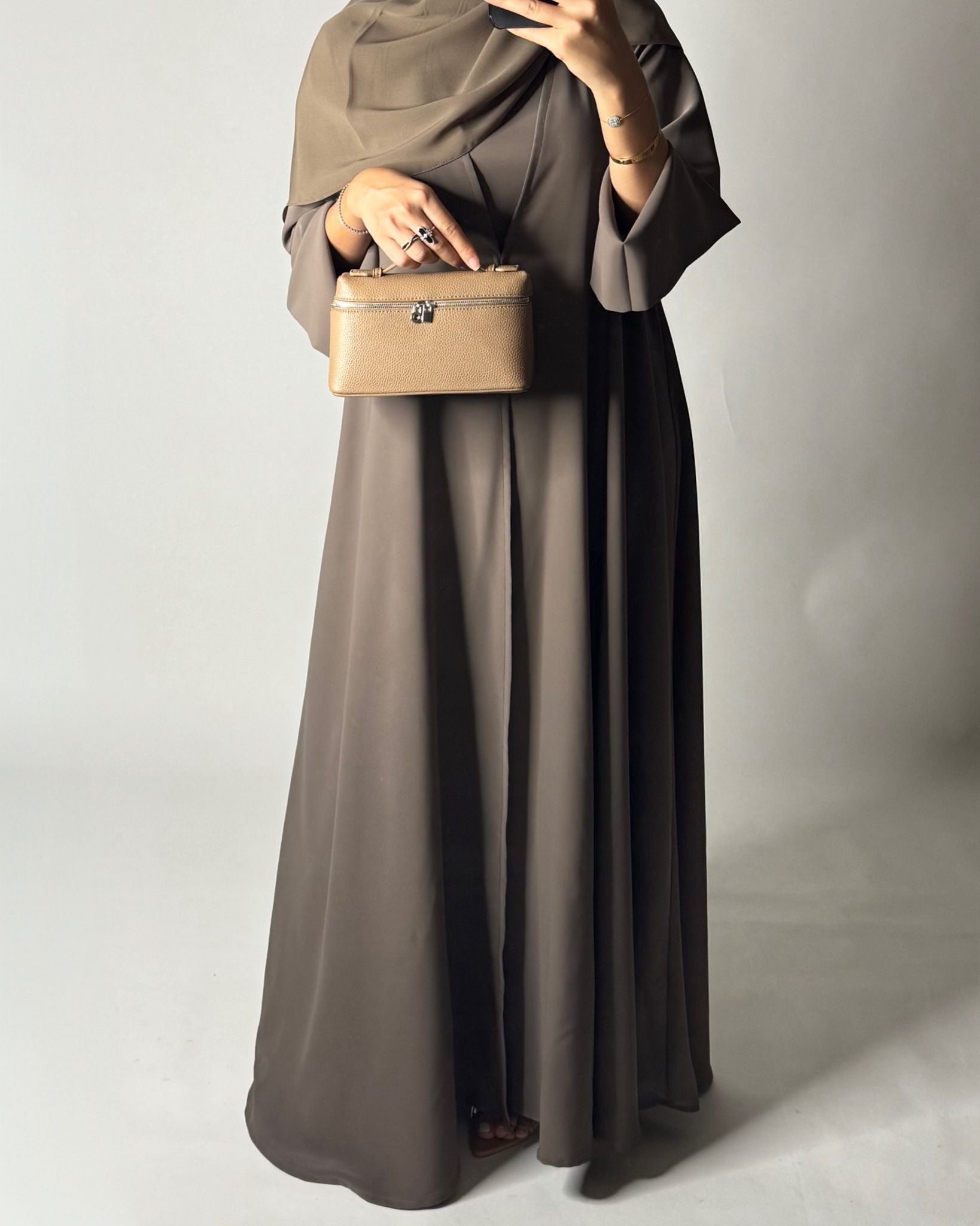 A652 - Brown Flowy Abaya with Flared Sleeves, Under Abaya Dress & Head Scarf