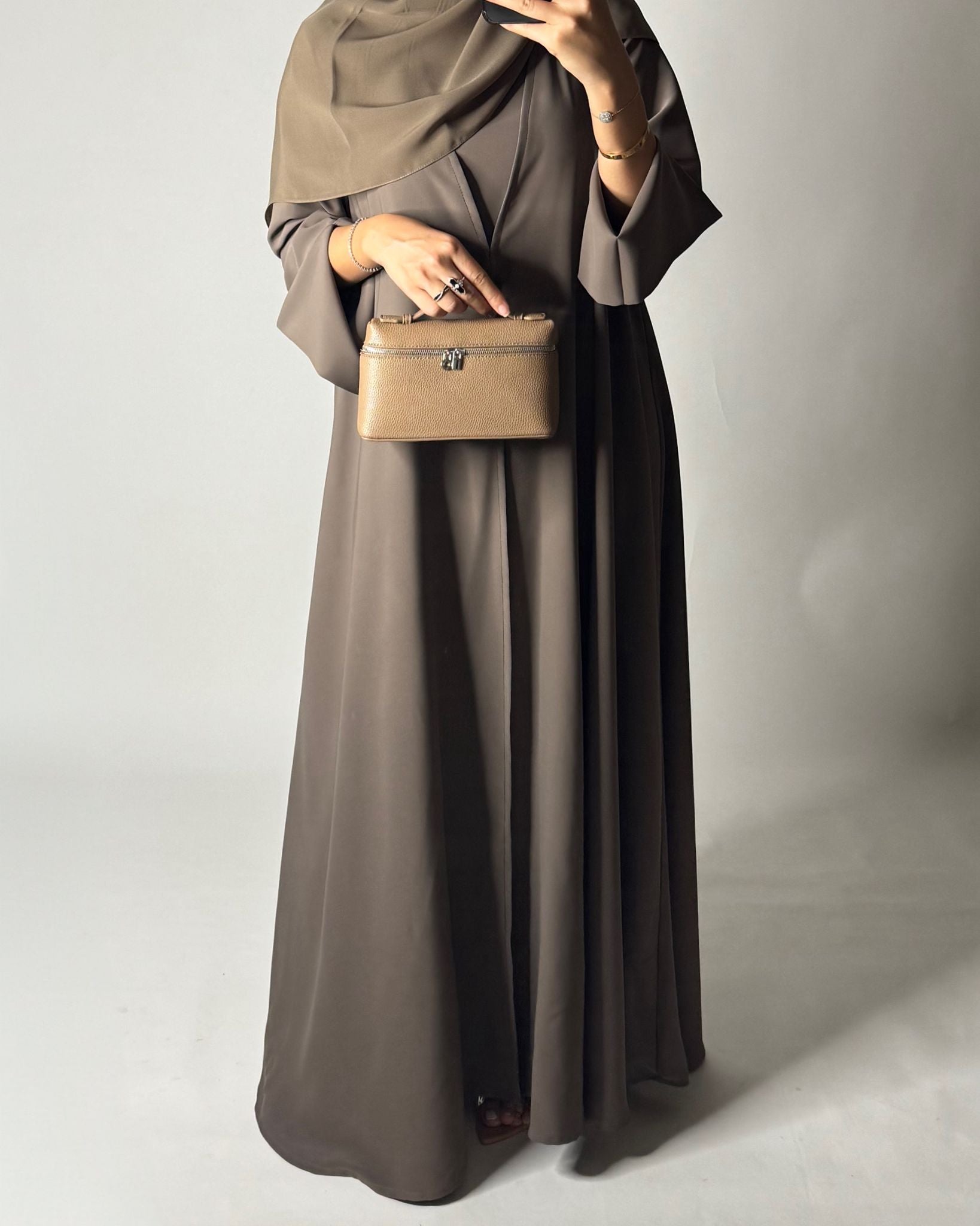 A652 - Brown Flowy Abaya with Flared Sleeves, Under Abaya Dress & Head Scarf