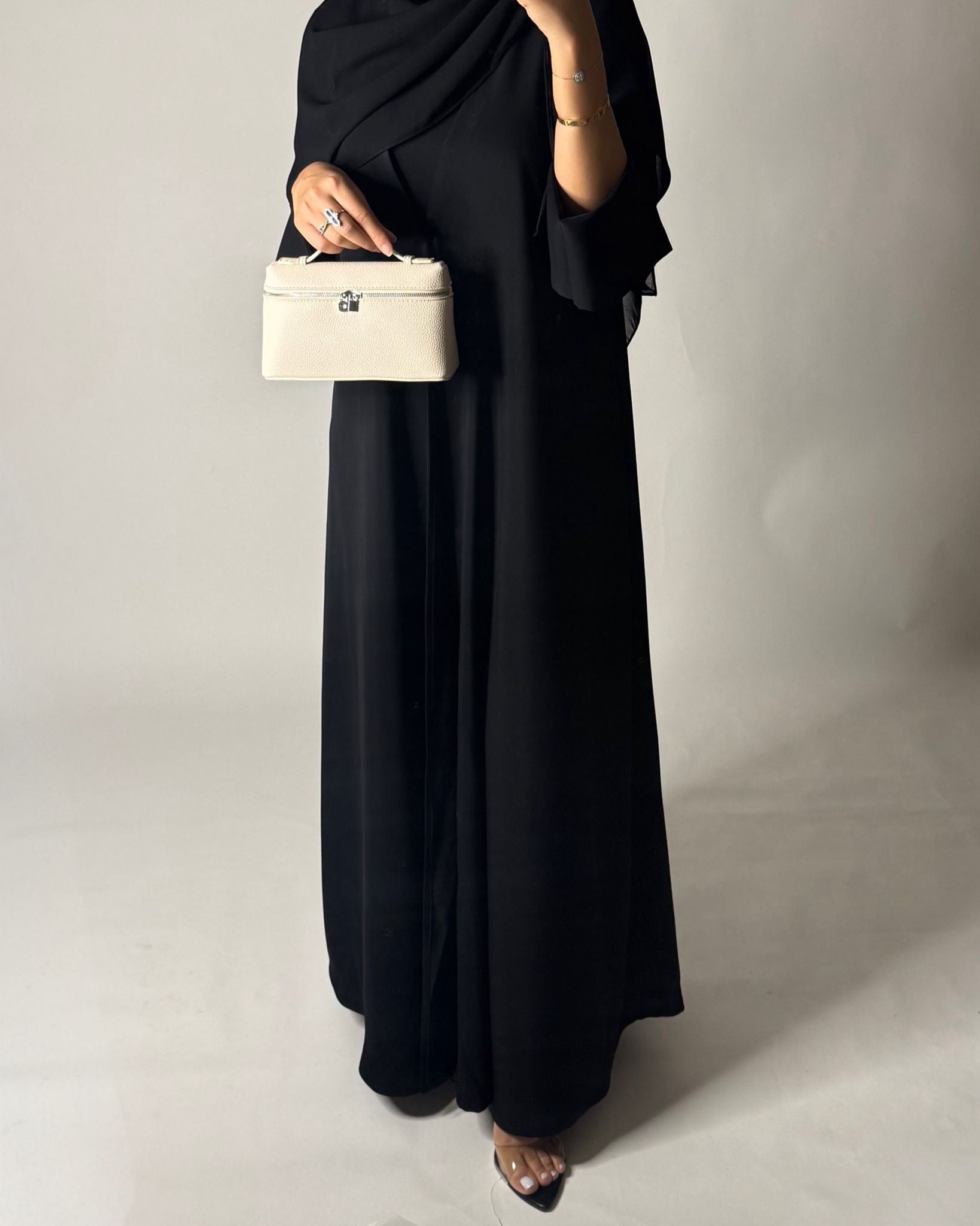 A657 - Black Flowy Abaya with Flared Sleeves, Under Abaya Dress & Head Scarf