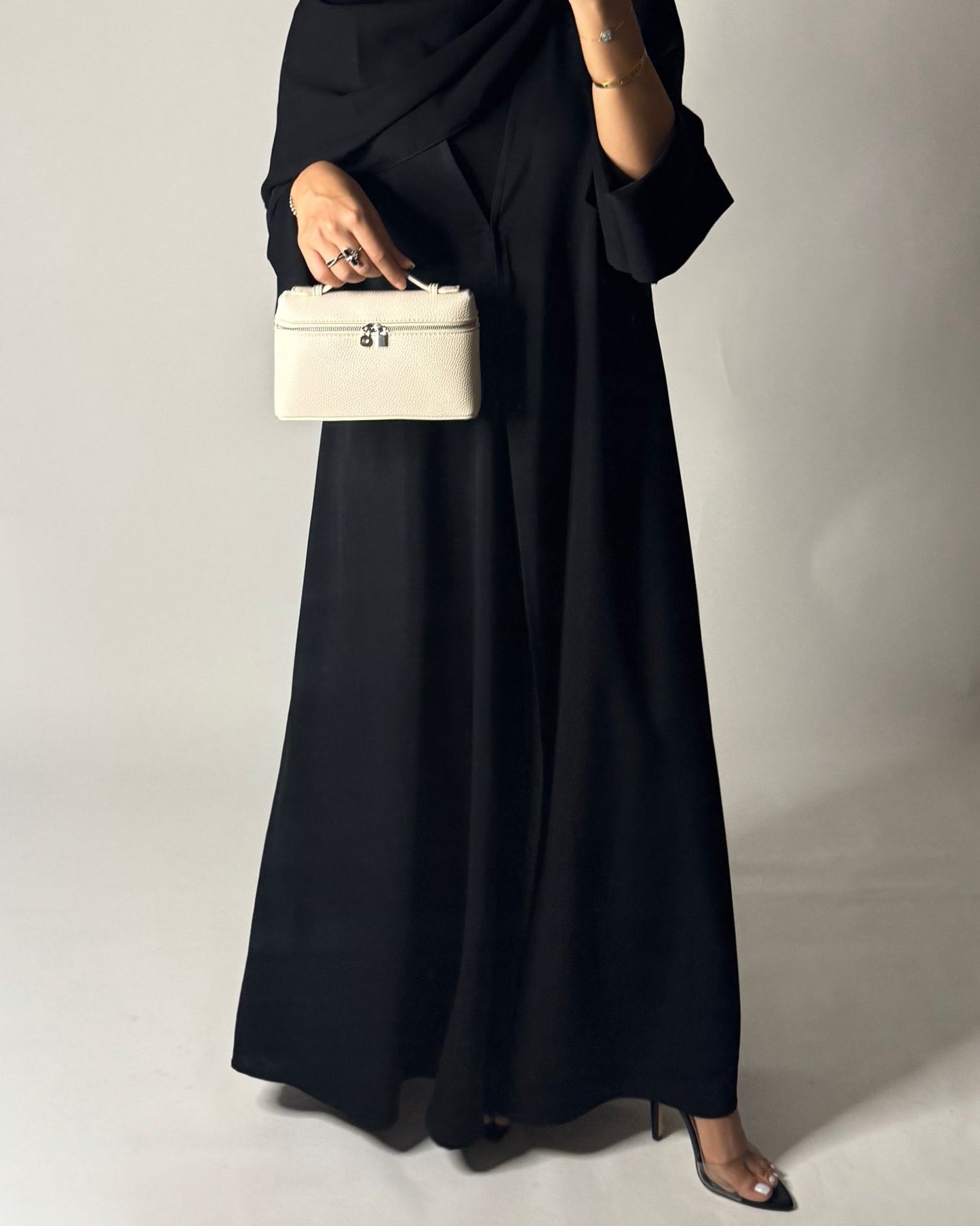 A657 - Black Flowy Abaya with Flared Sleeves, Under Abaya Dress & Head Scarf