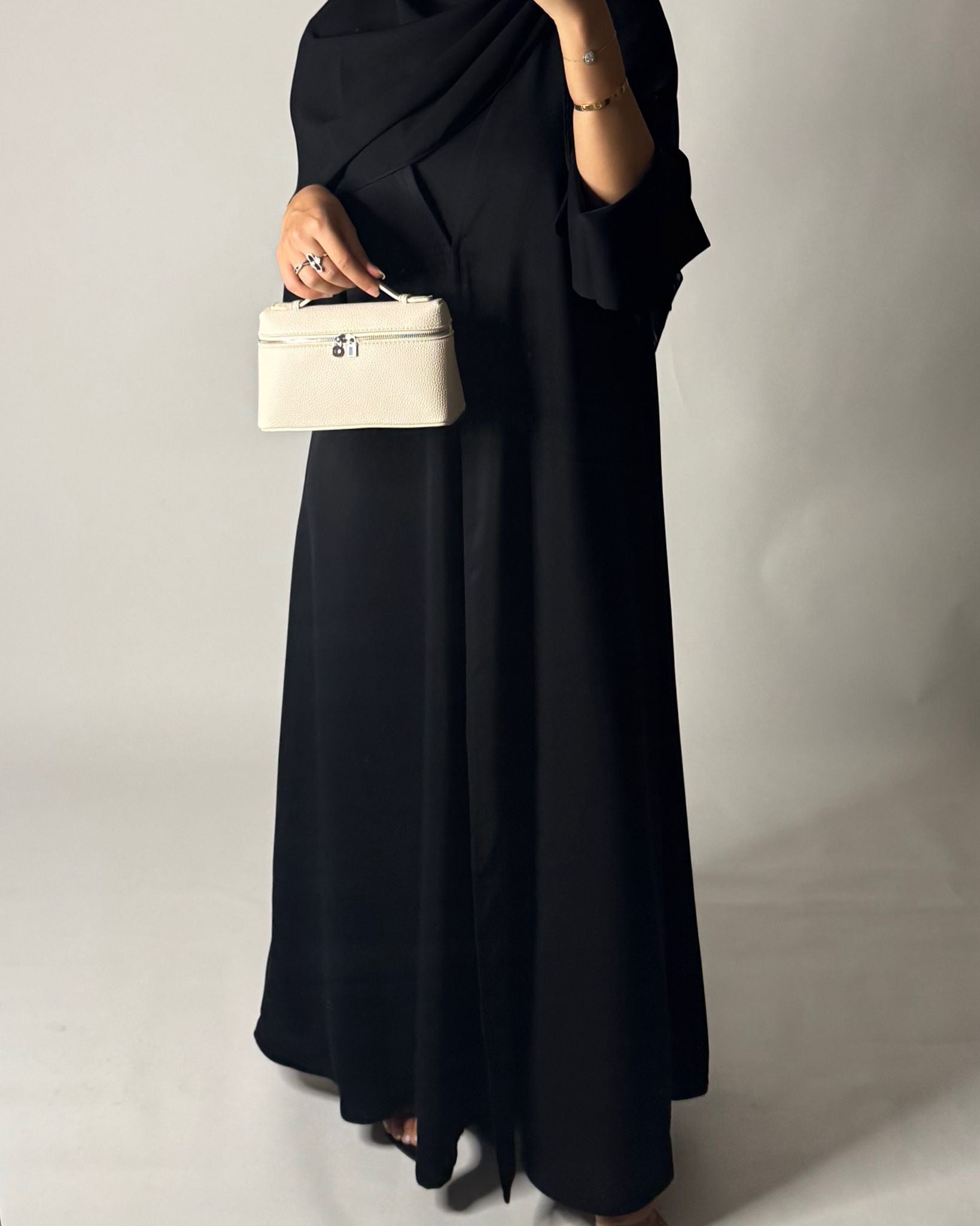 A657 - Black Flowy Abaya with Flared Sleeves, Under Abaya Dress & Head Scarf