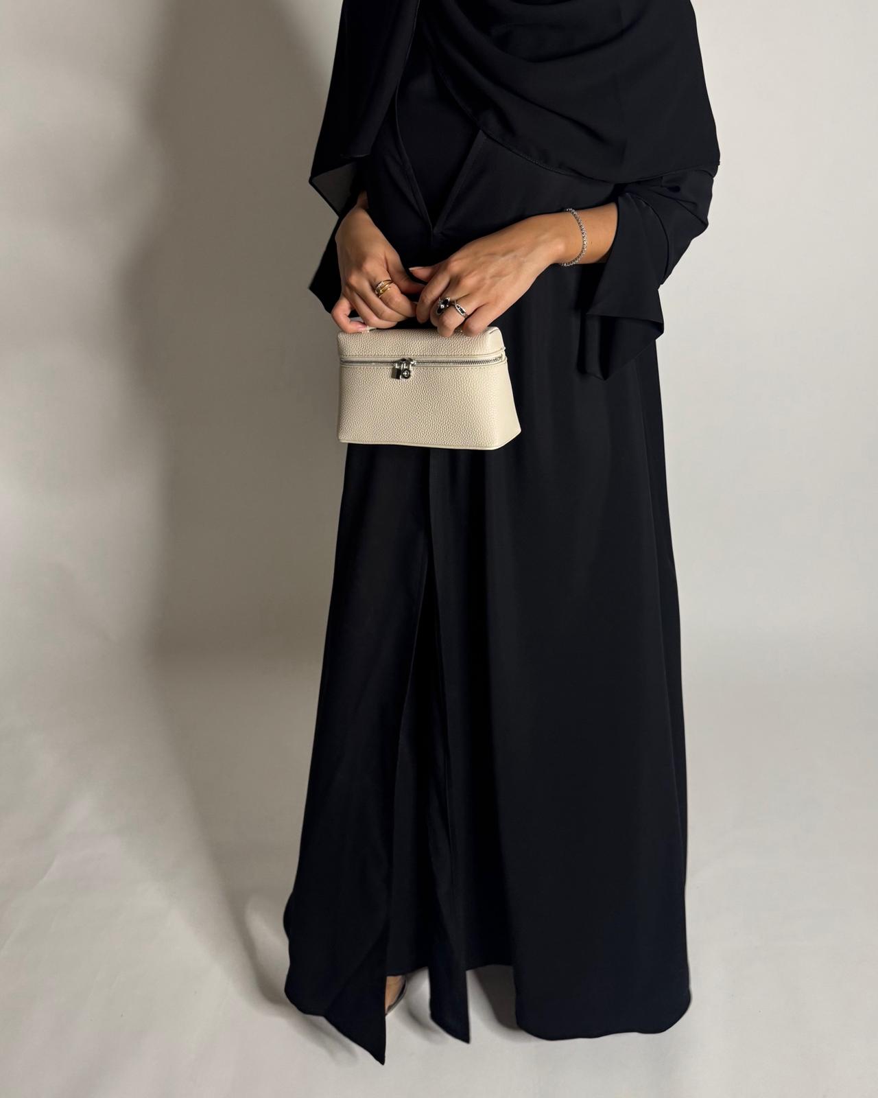 A657 - Black Flowy Abaya with Flared Sleeves, Under Abaya Dress & Head Scarf