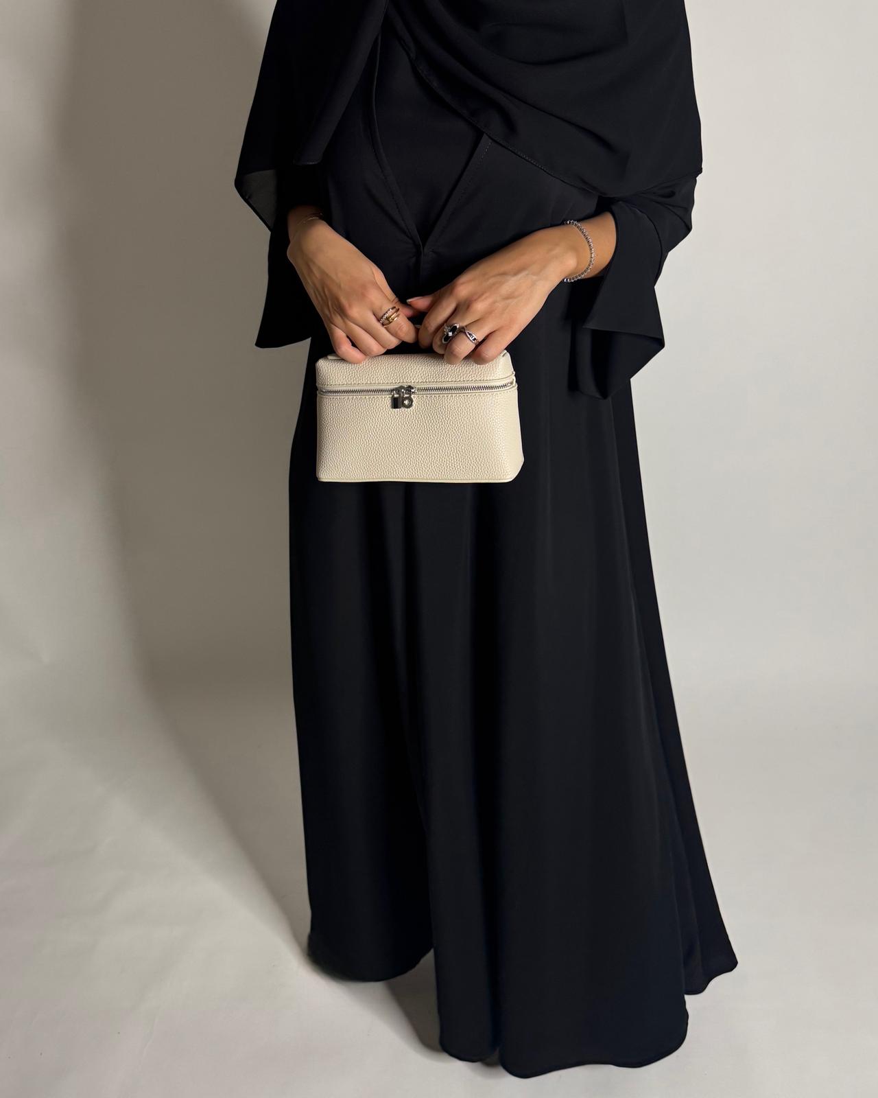 A657 - Black Flowy Abaya with Flared Sleeves, Under Abaya Dress & Head Scarf