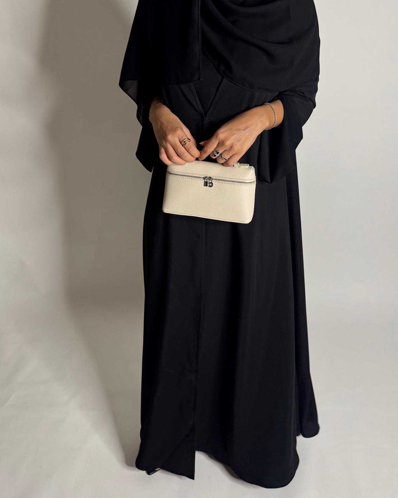 A657 - Black Flowy Abaya with Flared Sleeves, Under Abaya Dress & Head Scarf