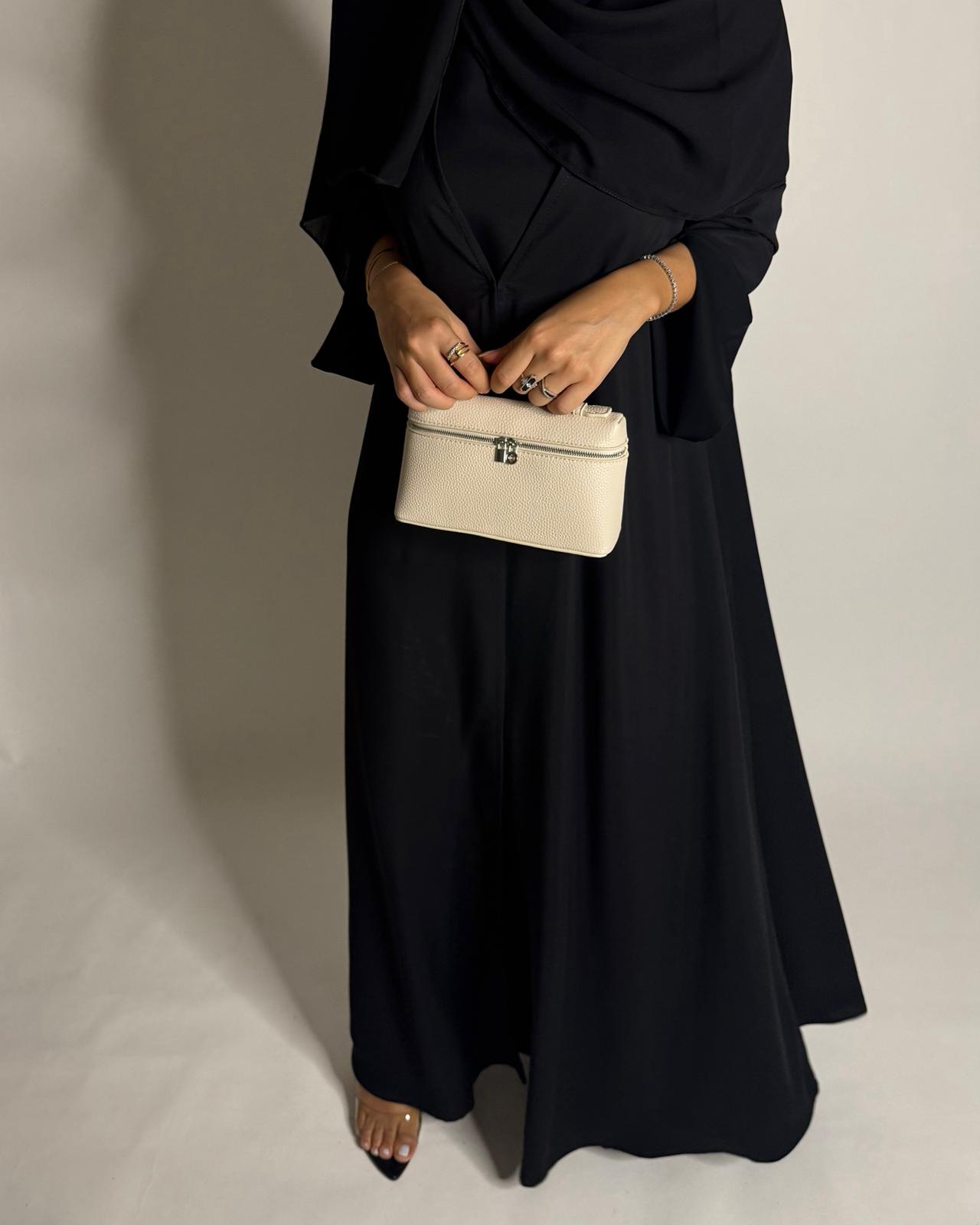 A657 - Black Flowy Abaya with Flared Sleeves, Under Abaya Dress & Head Scarf