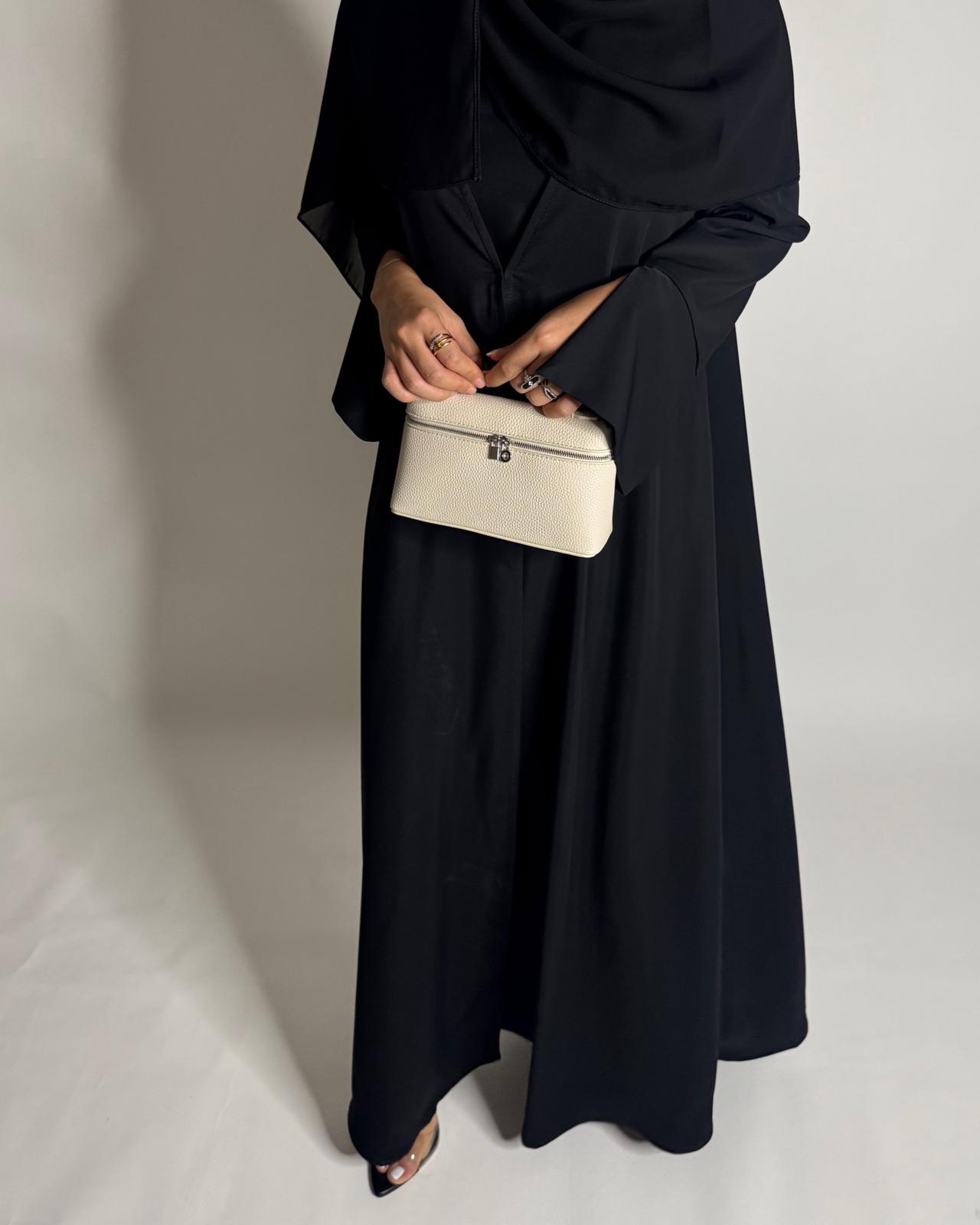 A657 - Black Flowy Abaya with Flared Sleeves, Under Abaya Dress & Head Scarf
