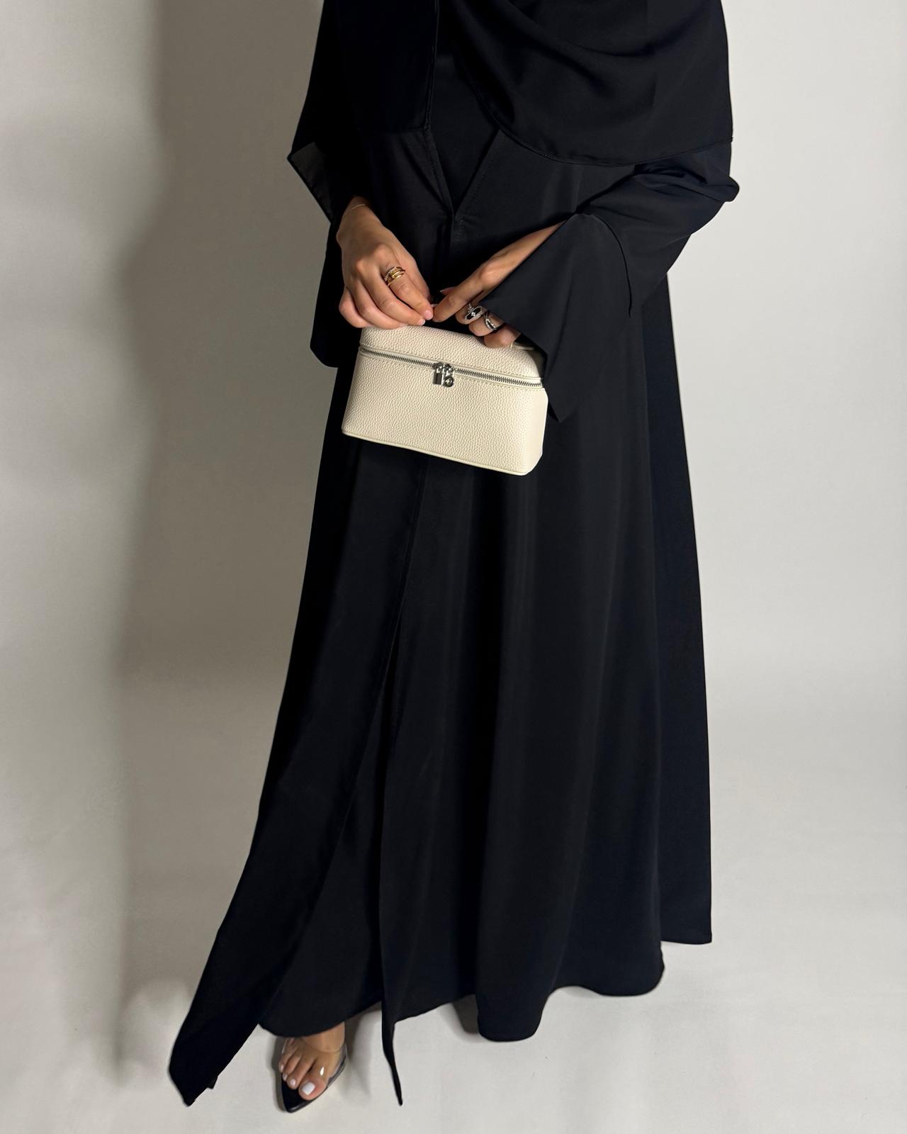 A657 - Black Flowy Abaya with Flared Sleeves, Under Abaya Dress & Head Scarf