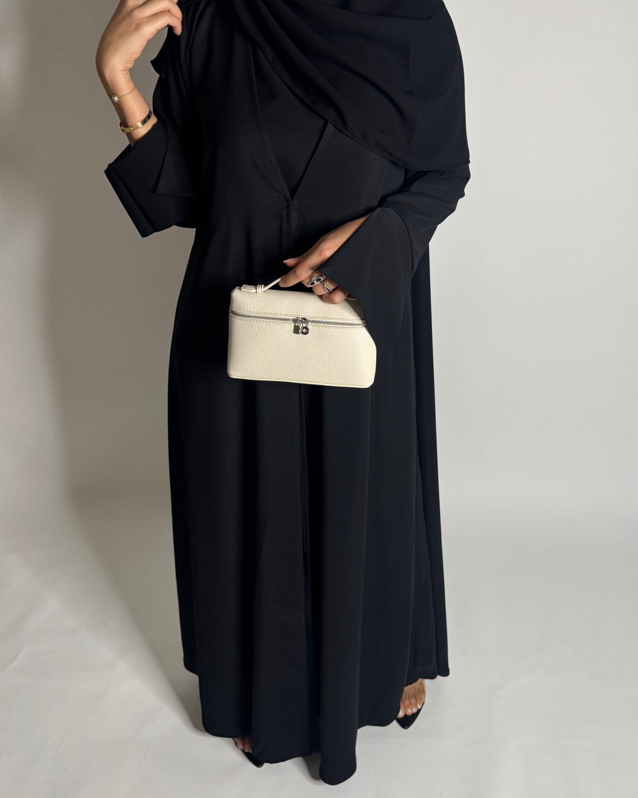 A657 - Black Flowy Abaya with Flared Sleeves, Under Abaya Dress & Head Scarf