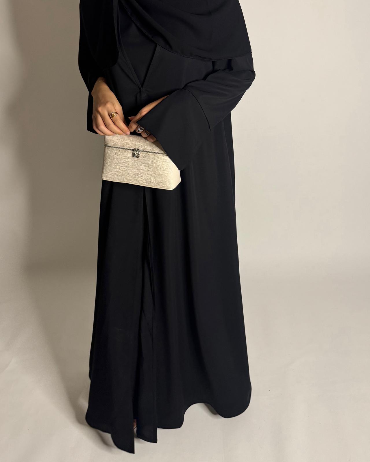 A657 - Black Flowy Abaya with Flared Sleeves, Under Abaya Dress & Head Scarf