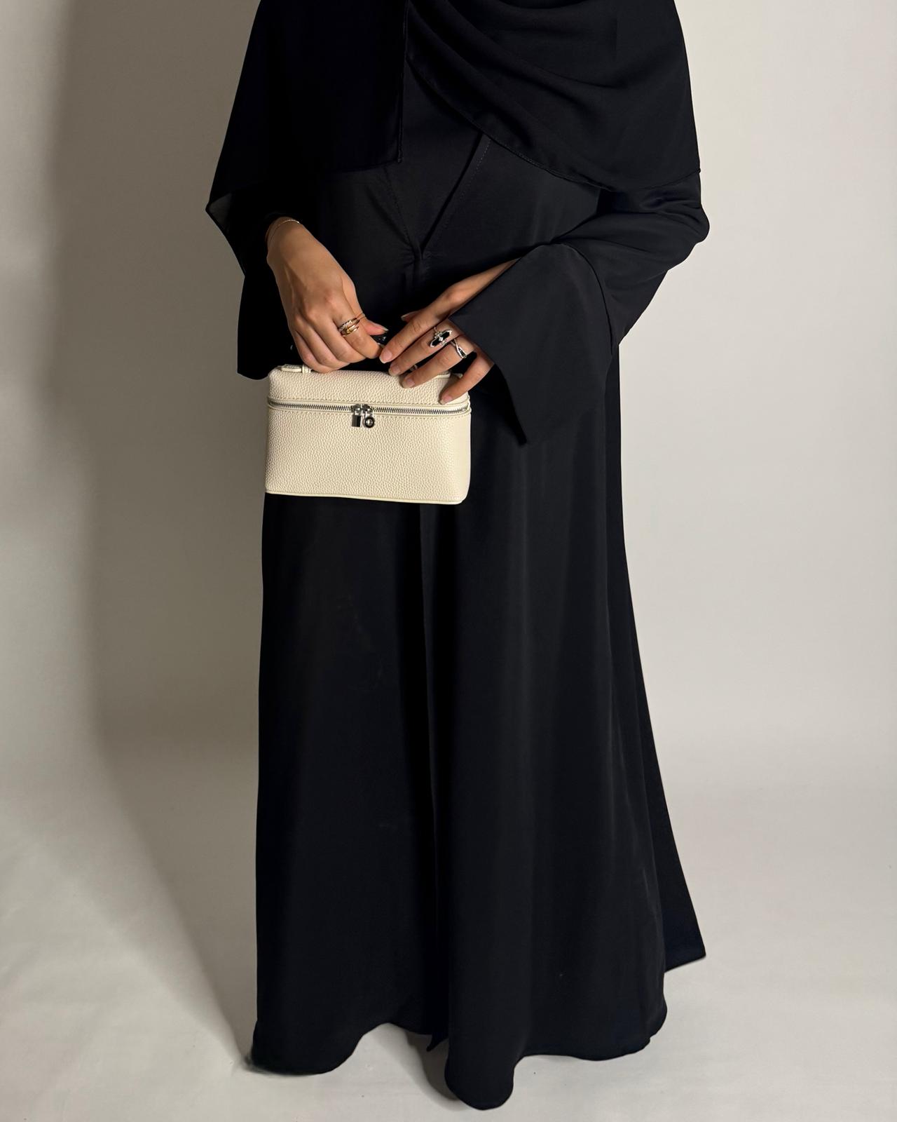 A657 - Black Flowy Abaya with Flared Sleeves, Under Abaya Dress & Head Scarf
