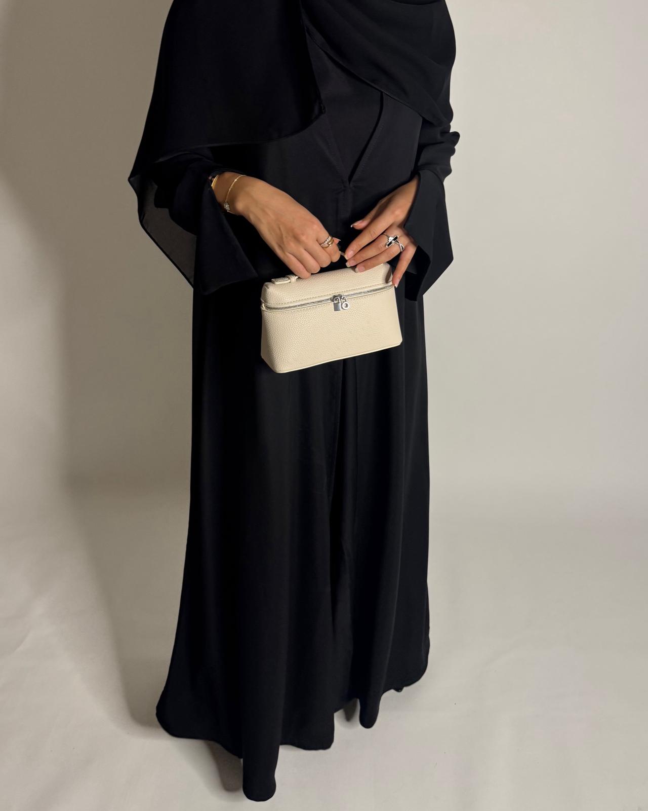 A657 - Black Flowy Abaya with Flared Sleeves, Under Abaya Dress & Head Scarf