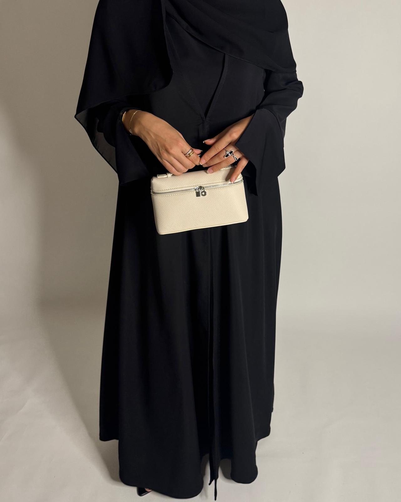 A657 - Black Flowy Abaya with Flared Sleeves, Under Abaya Dress & Head Scarf