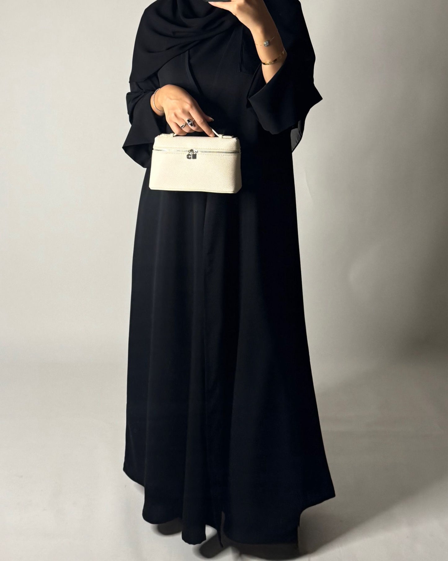 A657 - Black Flowy Abaya with Flared Sleeves, Under Abaya Dress & Head Scarf