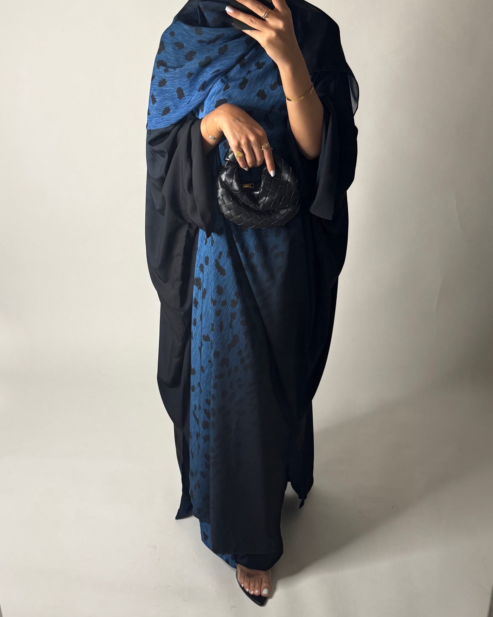 A670 - Blue/ Black Ombre Deer Pattern Bisht Cut Abaya with Matching Ombre Head Scarf