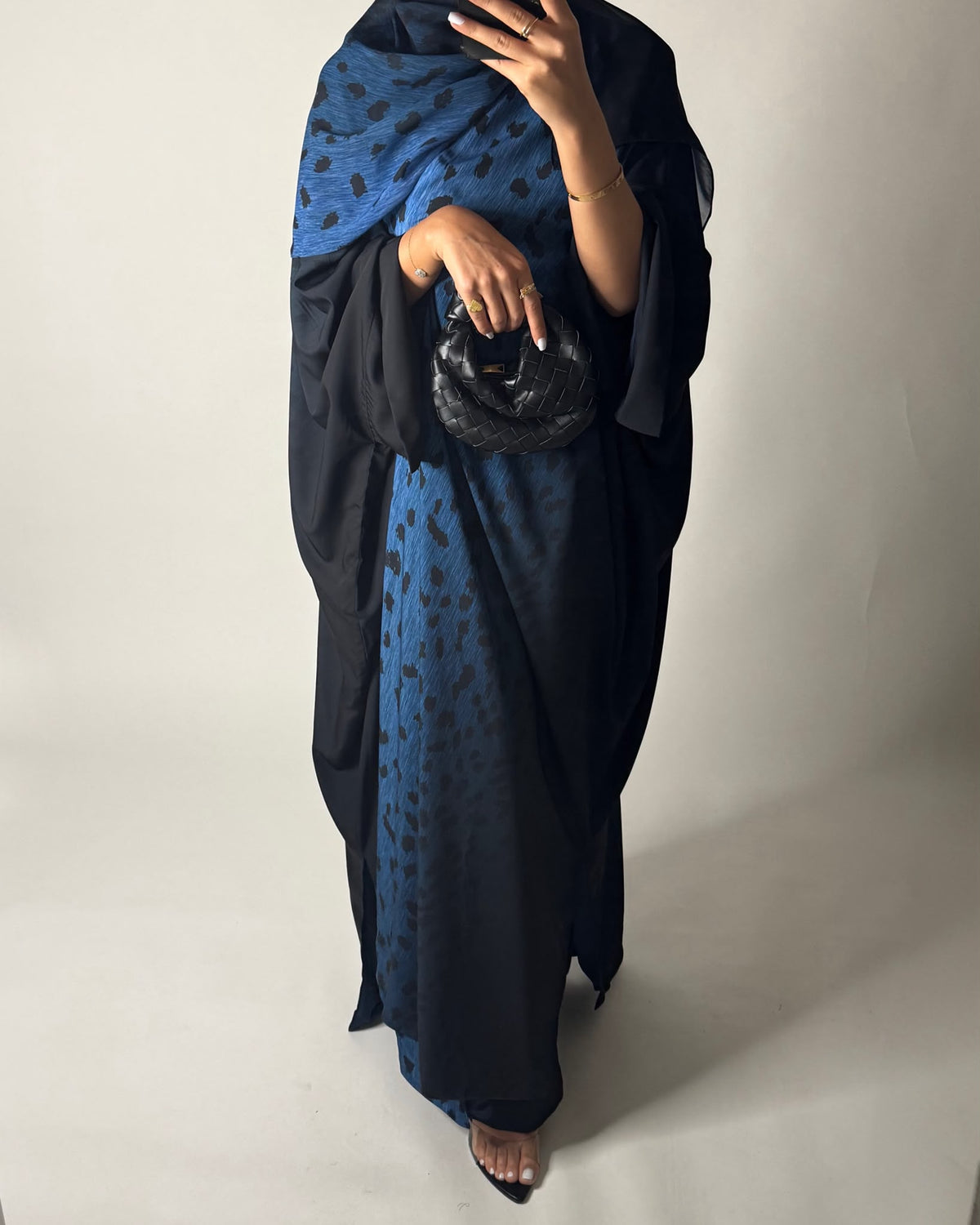 A670 - Blue/ Black Ombre Deer Pattern Bisht Cut Abaya with Matching Ombre Head Scarf