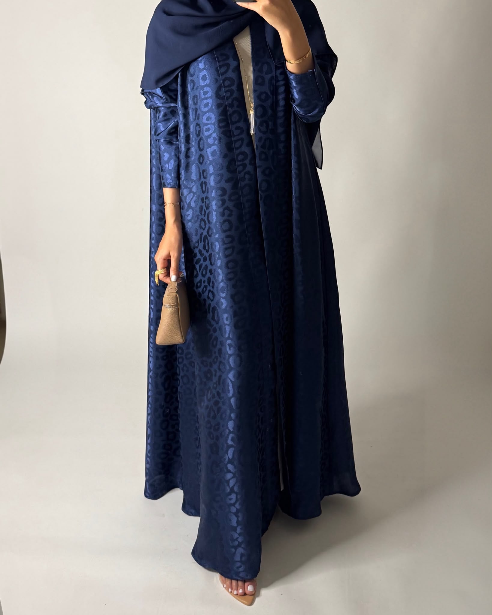 A675 - Navy Blue Leopard Pattern A-CUT Wrap Abaya & Head Scarf