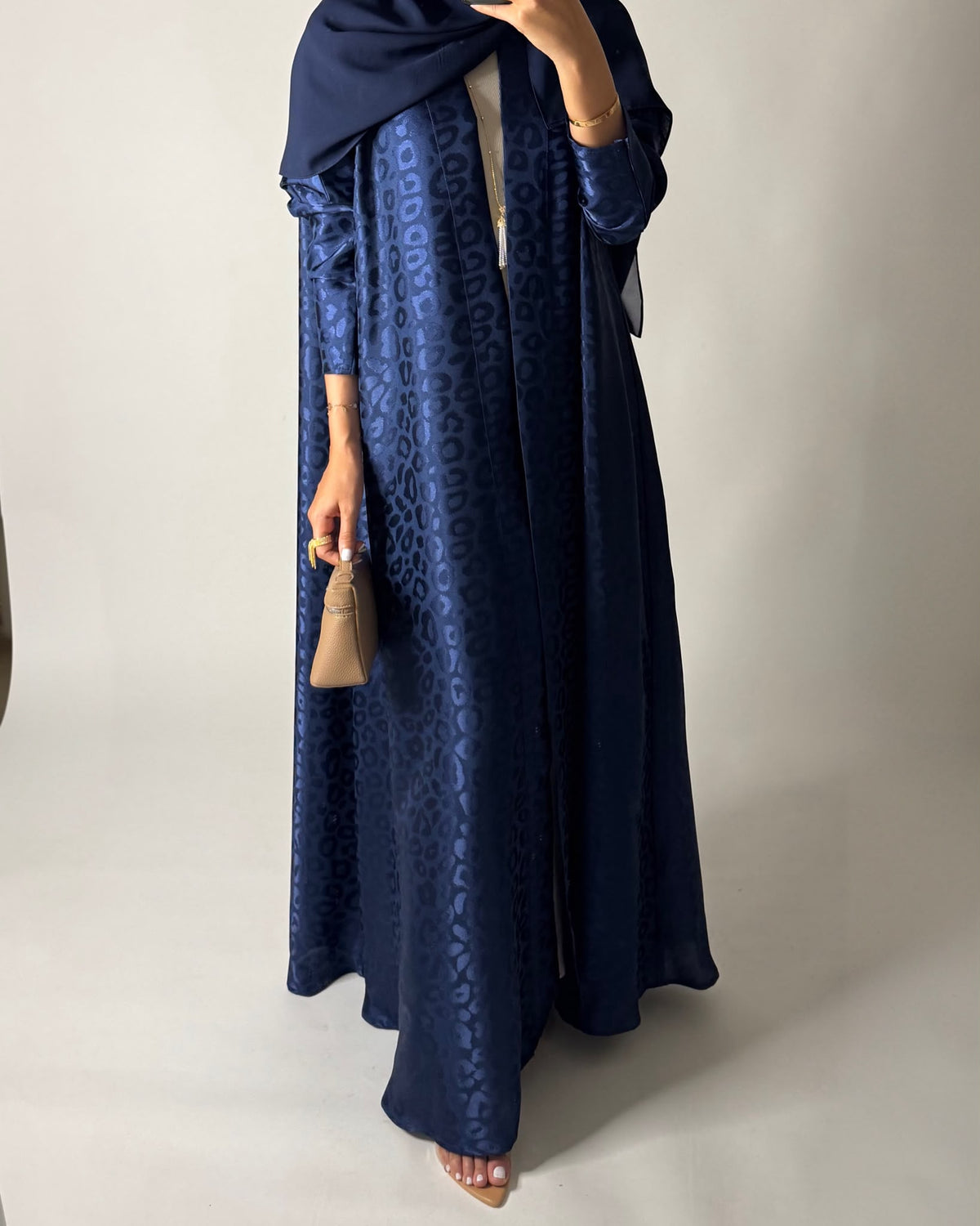 A675 - Navy Blue Leopard Pattern A-CUT Wrap Abaya & Head Scarf