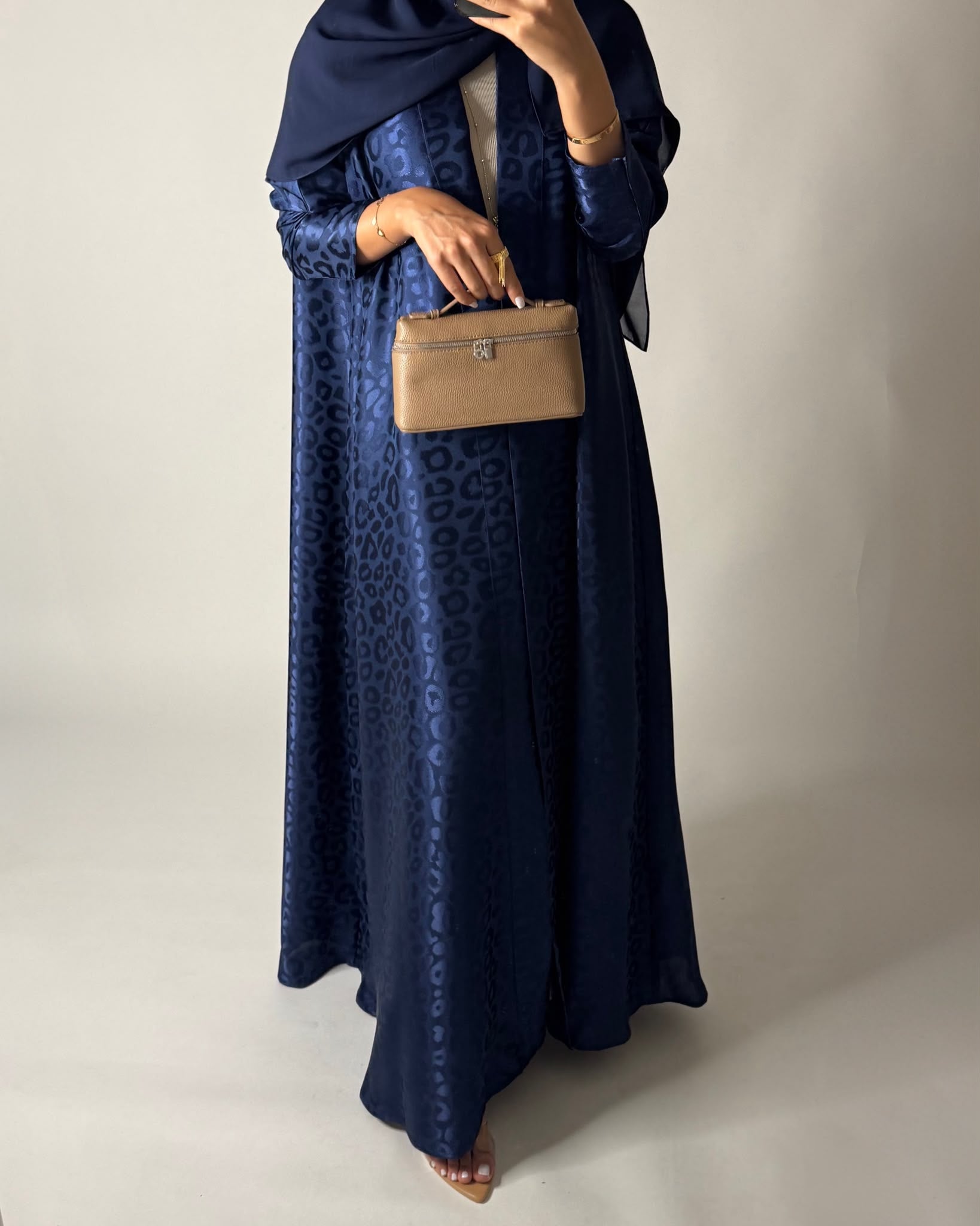 A675 - Navy Blue Leopard Pattern A-CUT Wrap Abaya & Head Scarf
