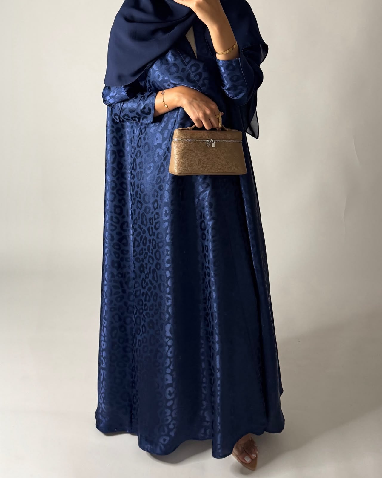 A675 - Navy Blue Leopard Pattern A-CUT Wrap Abaya & Head Scarf
