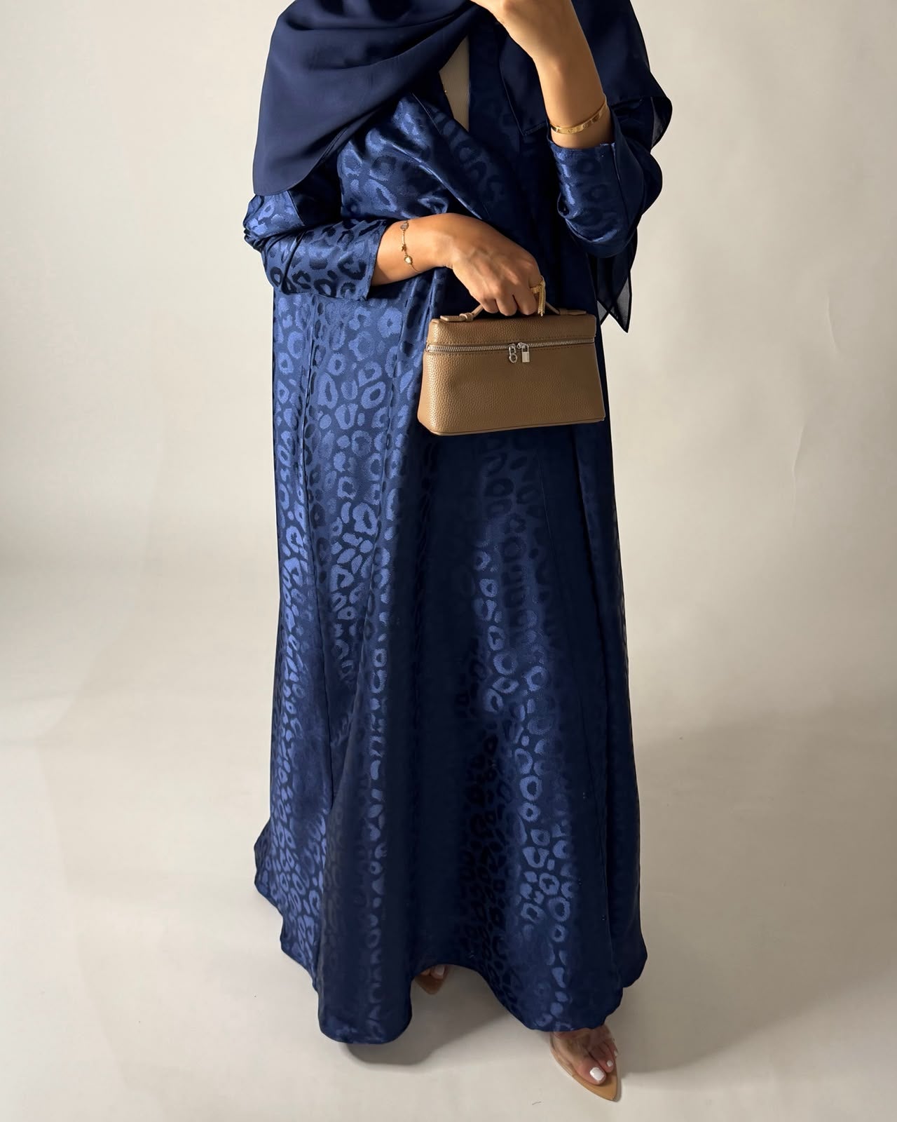 A675 - Navy Blue Leopard Pattern A-CUT Wrap Abaya & Head Scarf