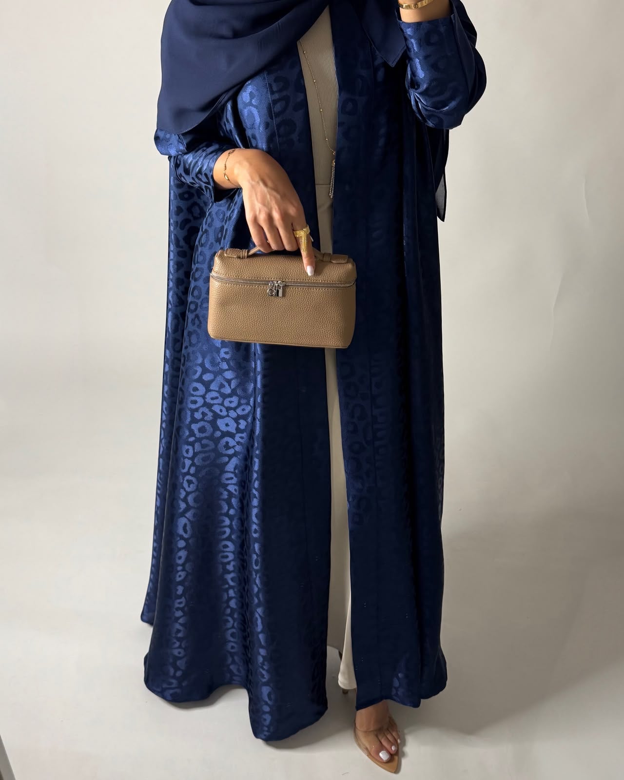 A675 - Navy Blue Leopard Pattern A-CUT Wrap Abaya & Head Scarf