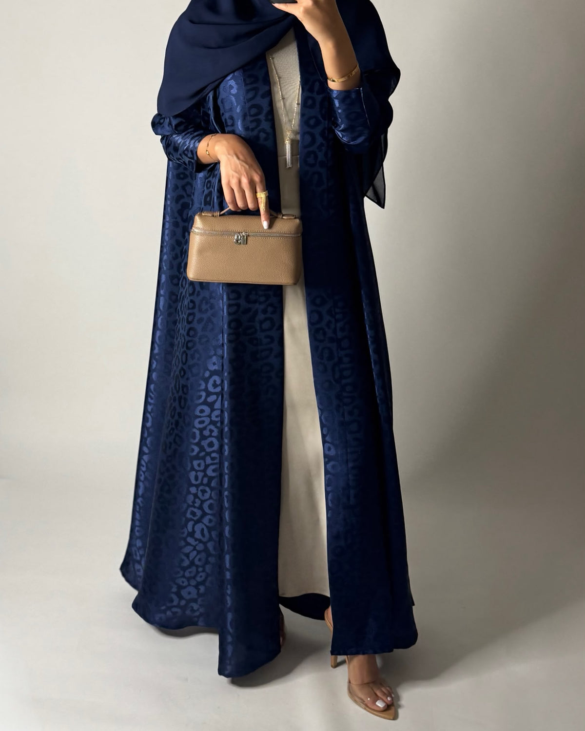 A675 - Navy Blue Leopard Pattern A-CUT Wrap Abaya & Head Scarf