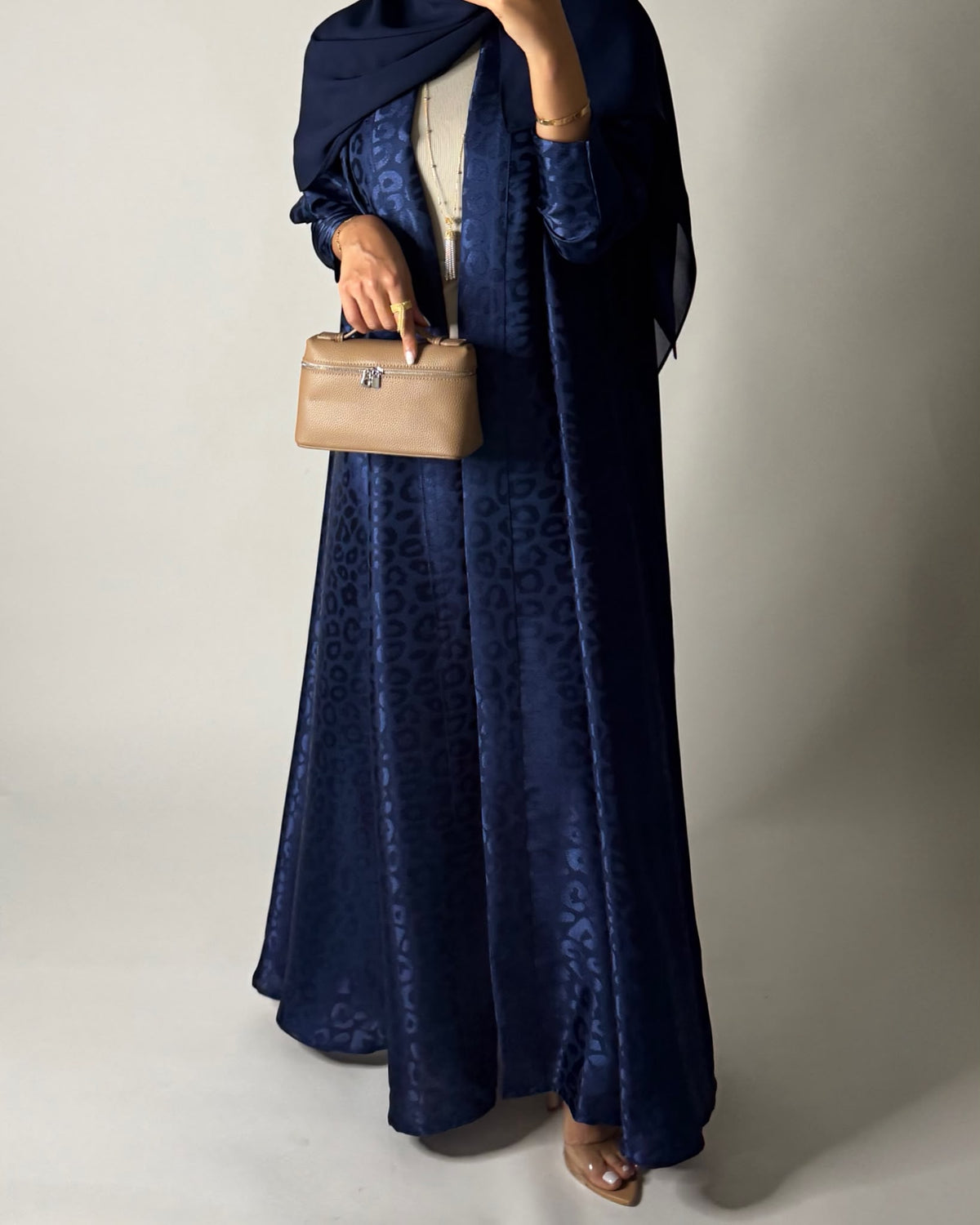 A675 - Navy Blue Leopard Pattern A-CUT Wrap Abaya & Head Scarf