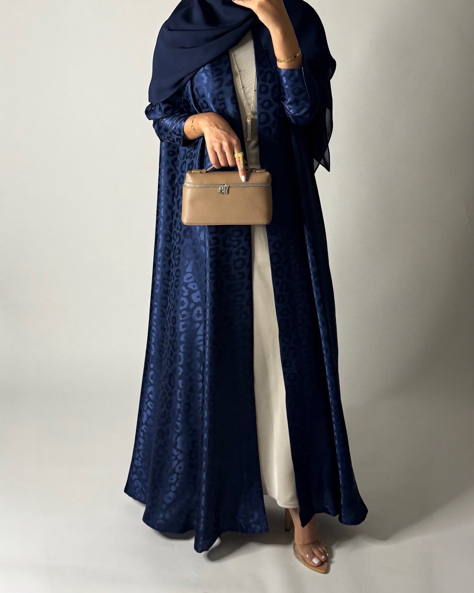A675 - Navy Blue Leopard Pattern A-CUT Wrap Abaya & Head Scarf