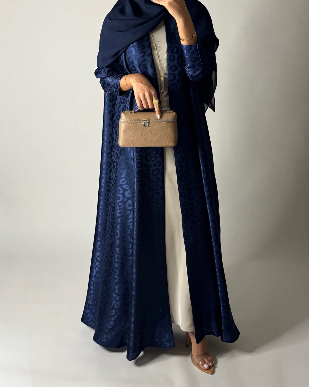 A675 - Navy Blue Leopard Pattern A-CUT Wrap Abaya & Head Scarf