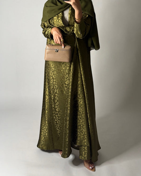A674 - Green Leopard Pattern A-CUT Wrap Abaya & Head Scarf