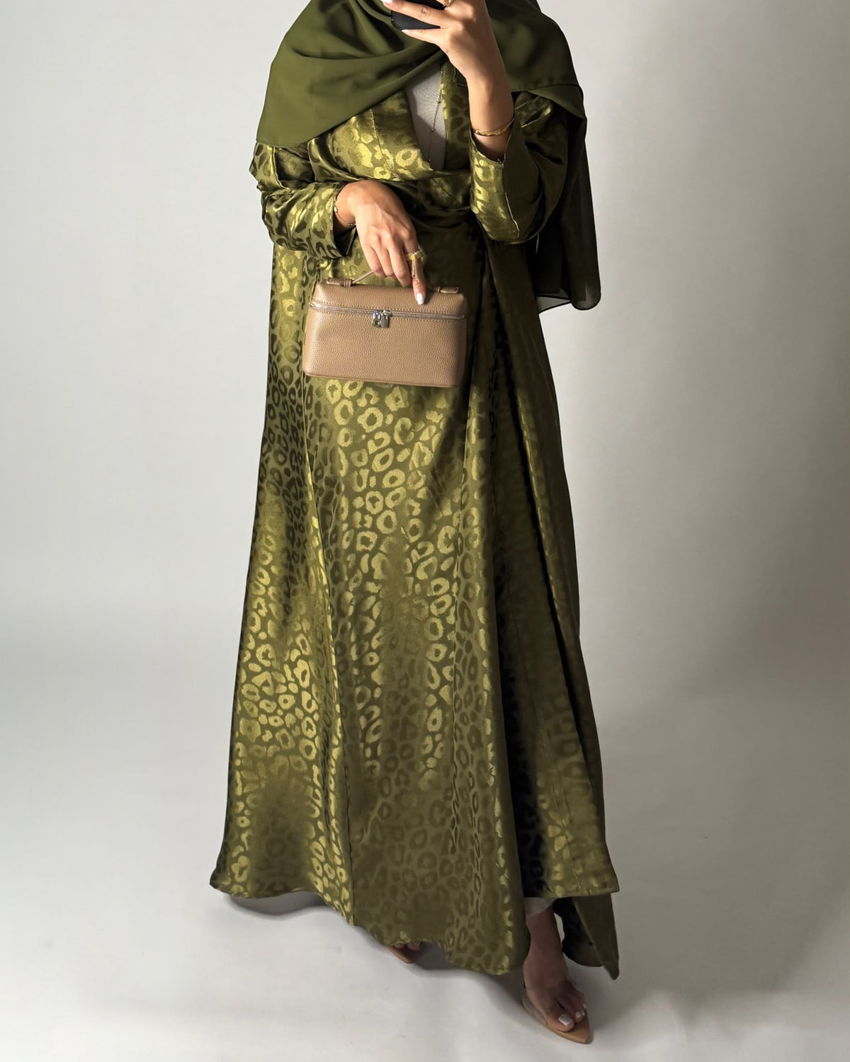 A674 - Green Leopard Pattern A-CUT Wrap Abaya & Head Scarf