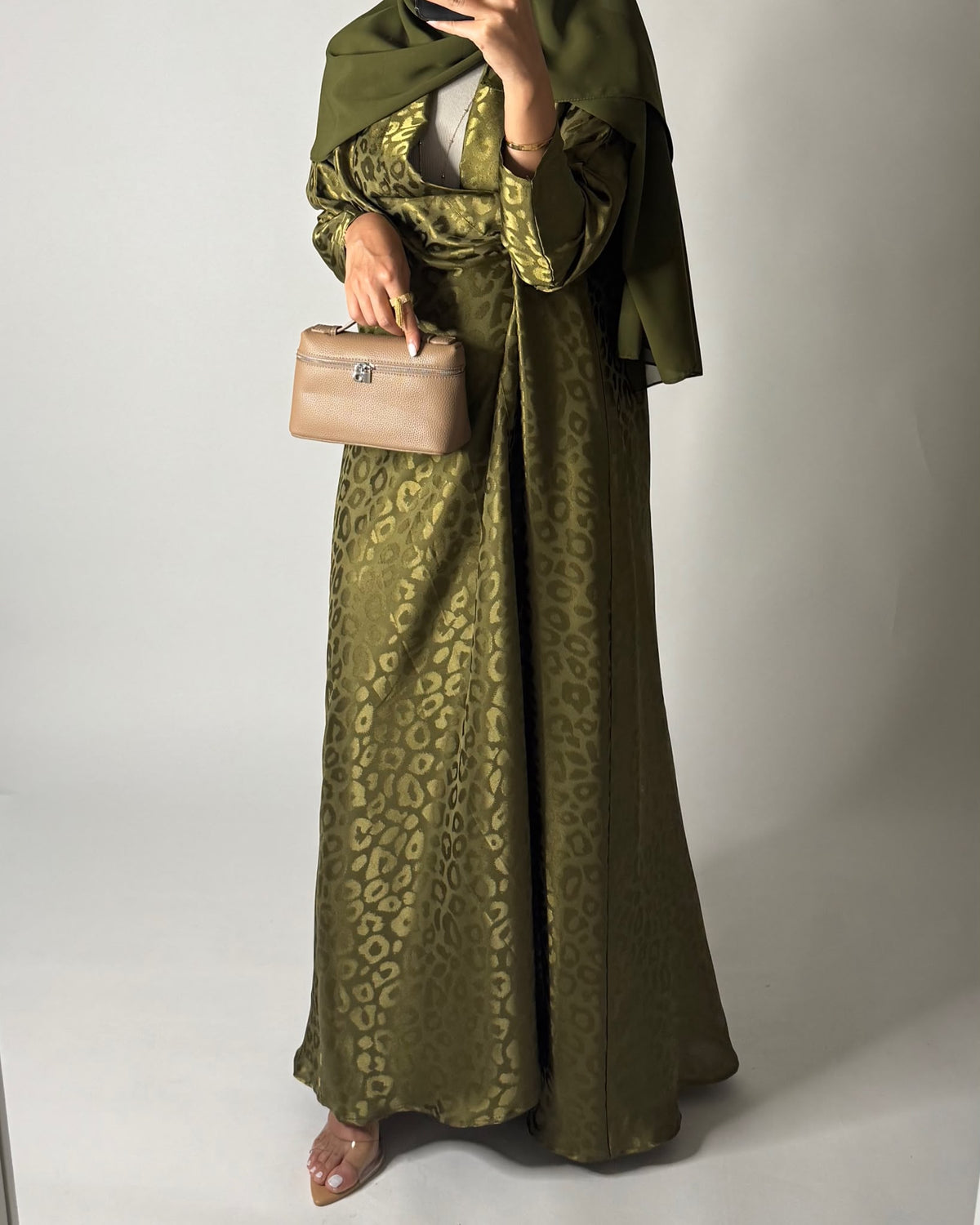 A674 - Green Leopard Pattern A-CUT Wrap Abaya & Head Scarf