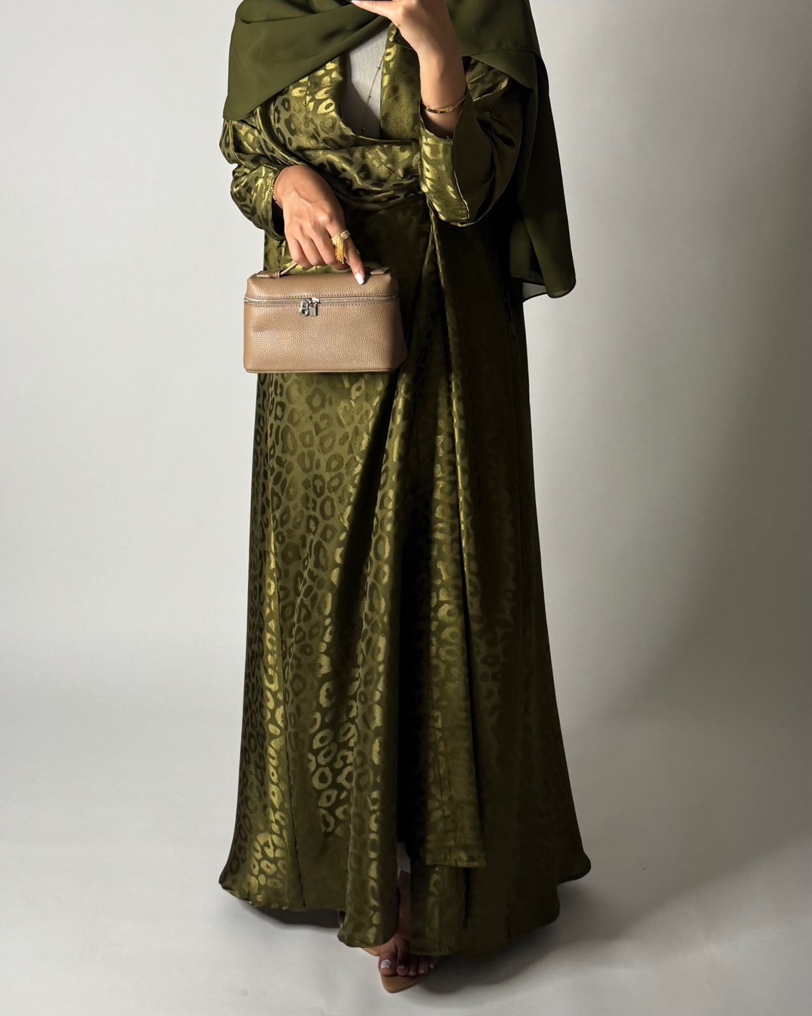 A674 - Green Leopard Pattern A-CUT Wrap Abaya & Head Scarf