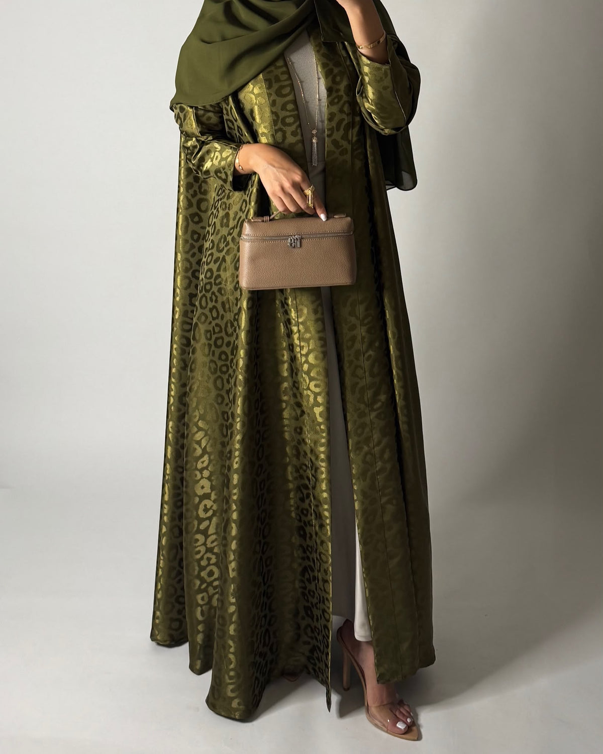 A674 - Green Leopard Pattern A-CUT Wrap Abaya & Head Scarf
