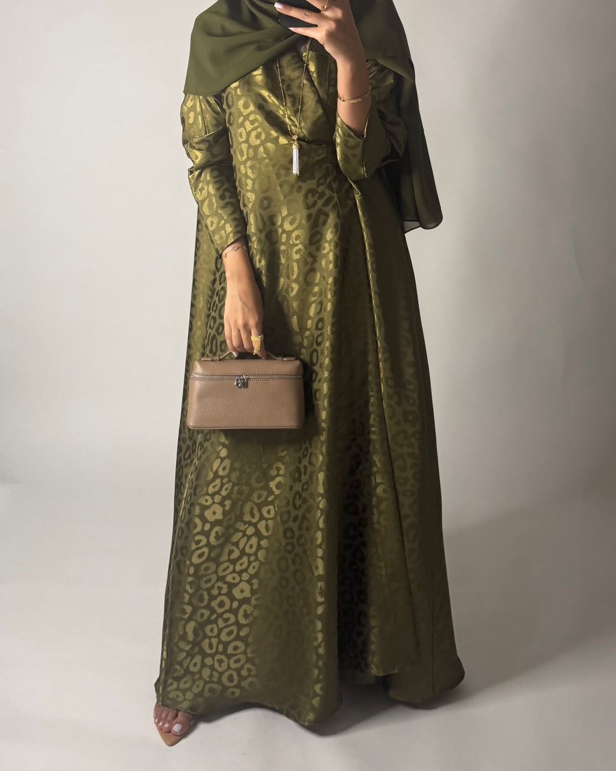 A674 - Green Leopard Pattern A-CUT Wrap Abaya & Head Scarf