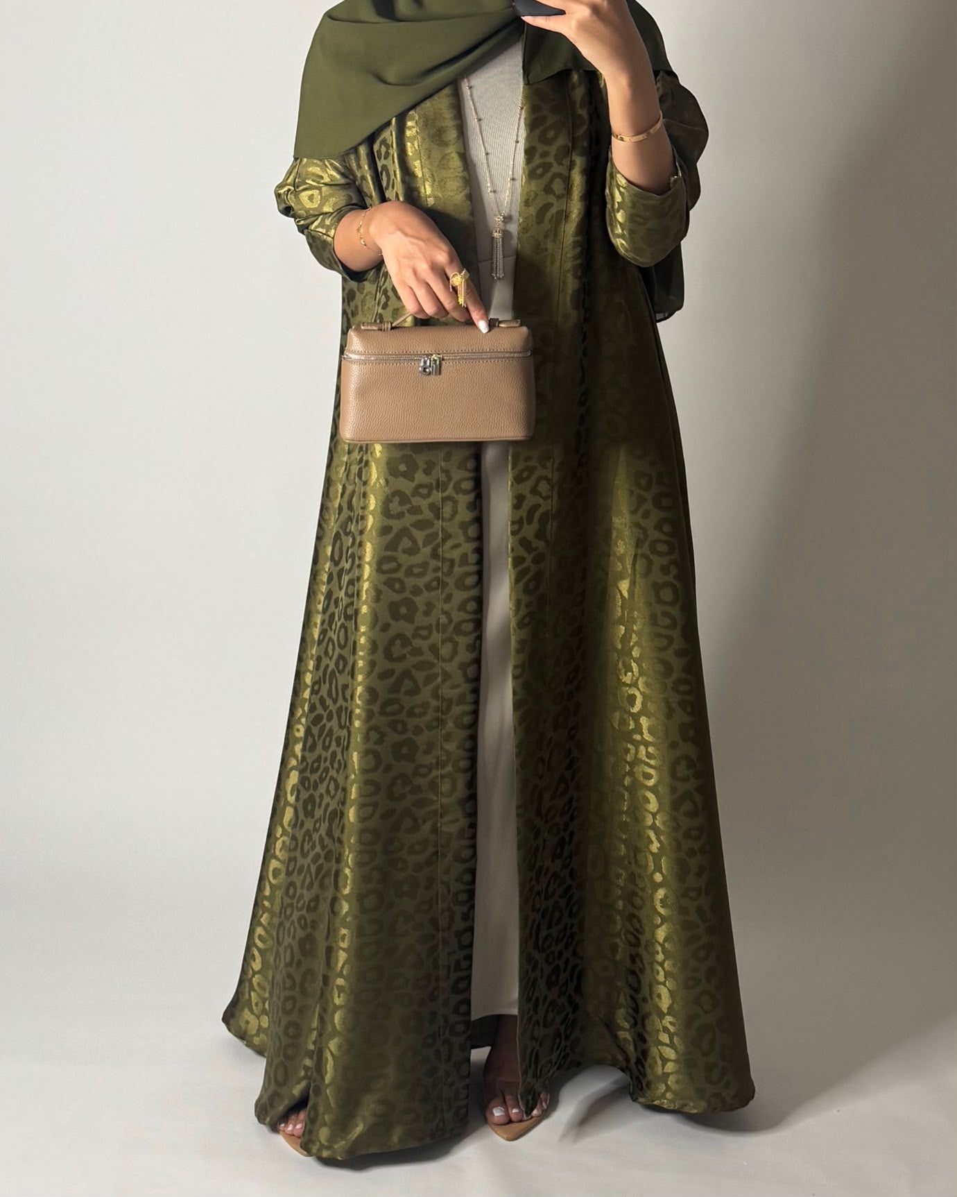 A674 - Green Leopard Pattern A-CUT Wrap Abaya & Head Scarf