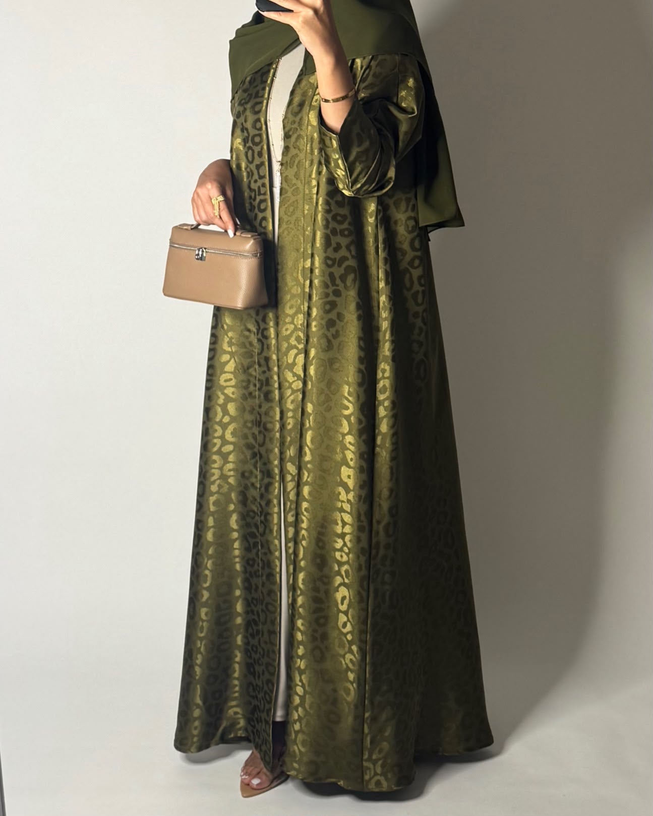 A674 - Green Leopard Pattern A-CUT Wrap Abaya & Head Scarf