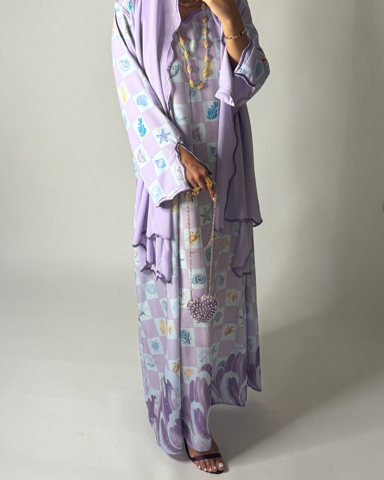 A679 - Lilac Purple & Baby Blue Waves Checkered Jalabiya & Matching Head Scarf