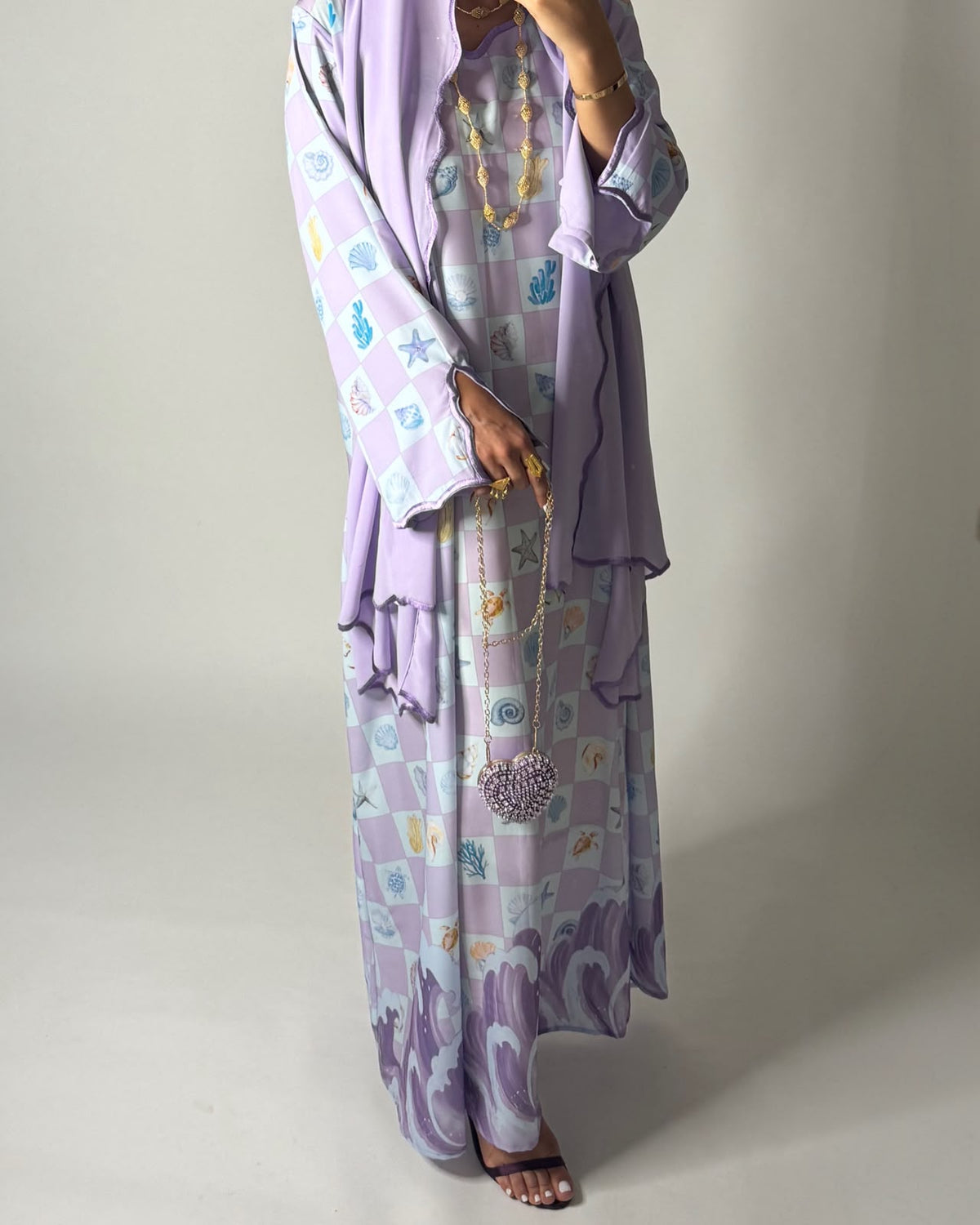 A679 - Lilac Purple & Baby Blue Waves Checkered Jalabiya & Matching Head Scarf