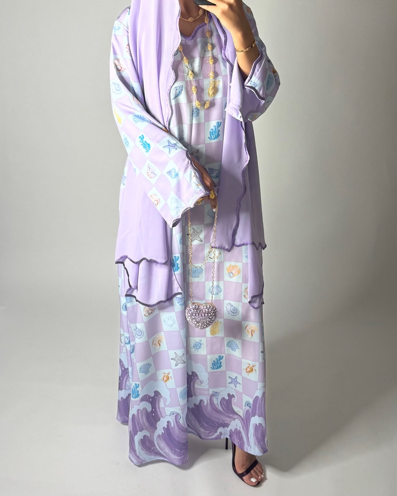 A679 - Lilac Purple & Baby Blue Waves Checkered Jalabiya & Matching Head Scarf