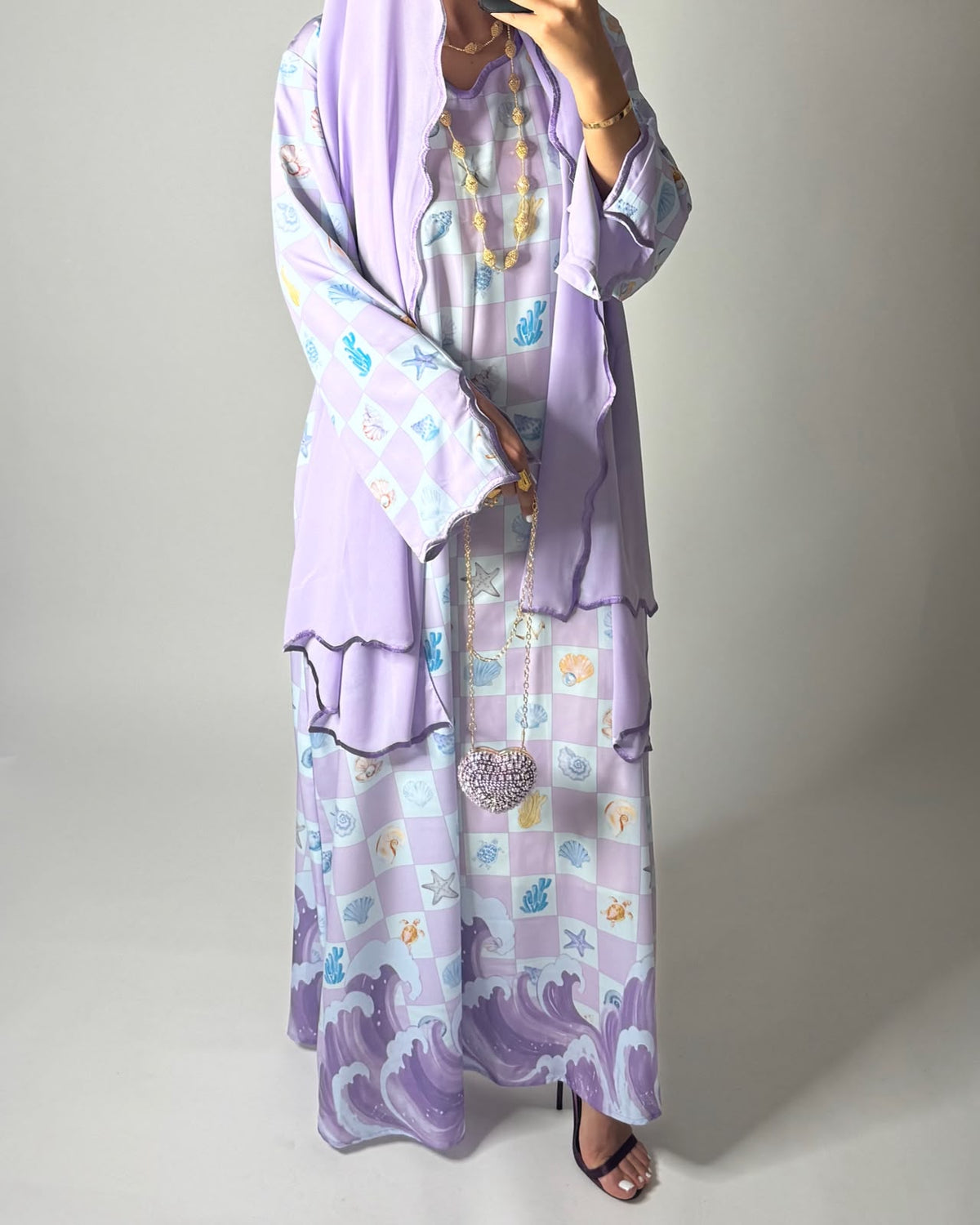 A679 - Lilac Purple & Baby Blue Waves Checkered Jalabiya & Matching Head Scarf