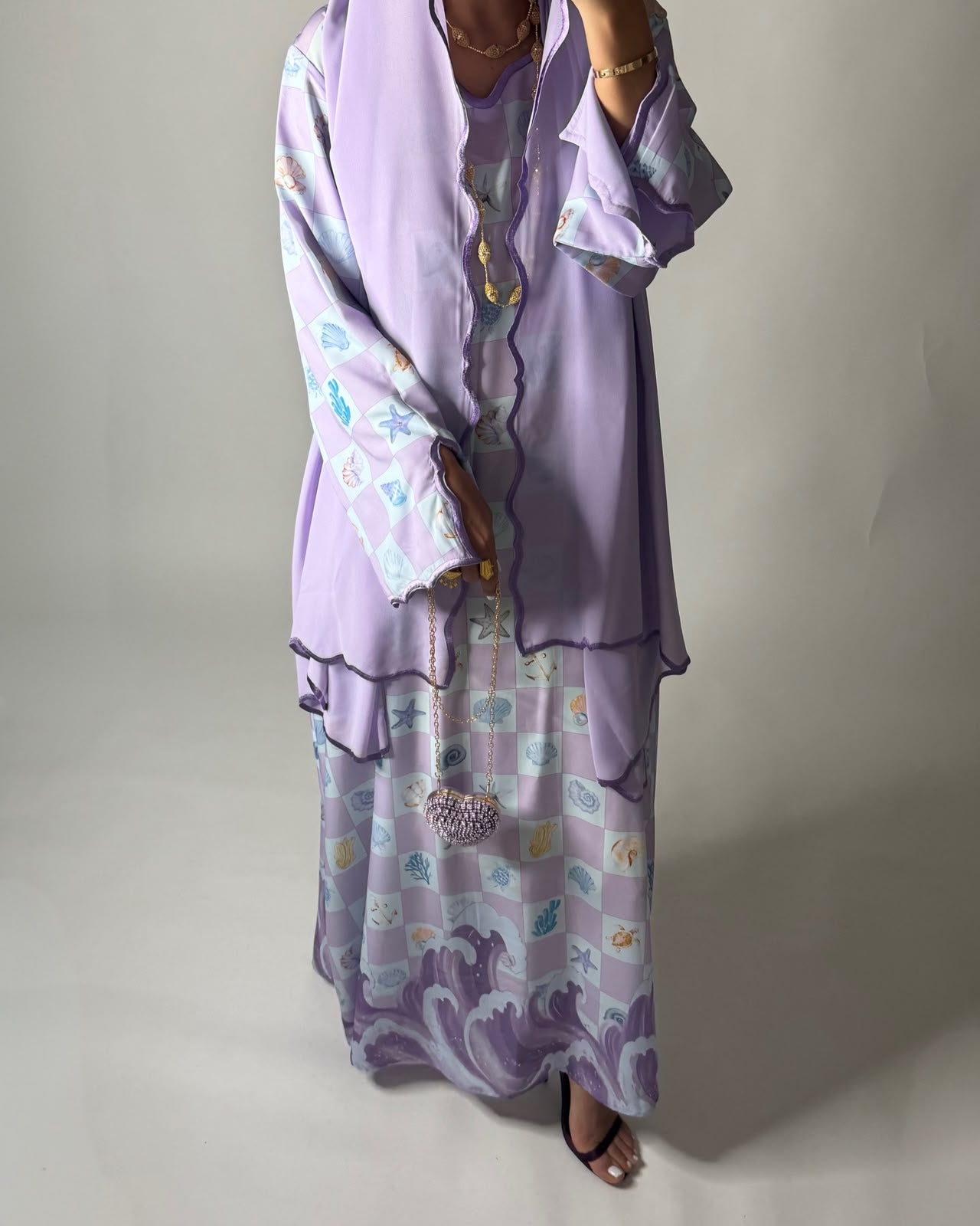A679 - Lilac Purple & Baby Blue Waves Checkered Jalabiya & Matching Head Scarf