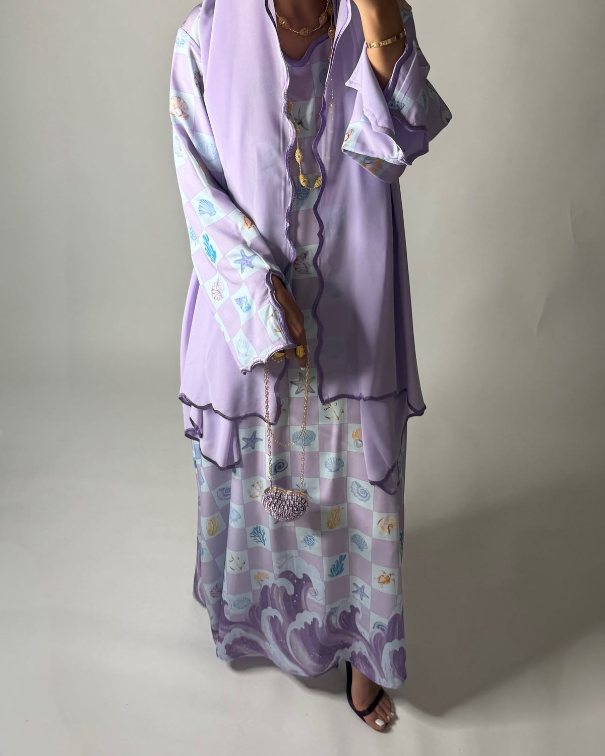 A679 - Lilac Purple & Baby Blue Waves Checkered Jalabiya & Matching Head Scarf
