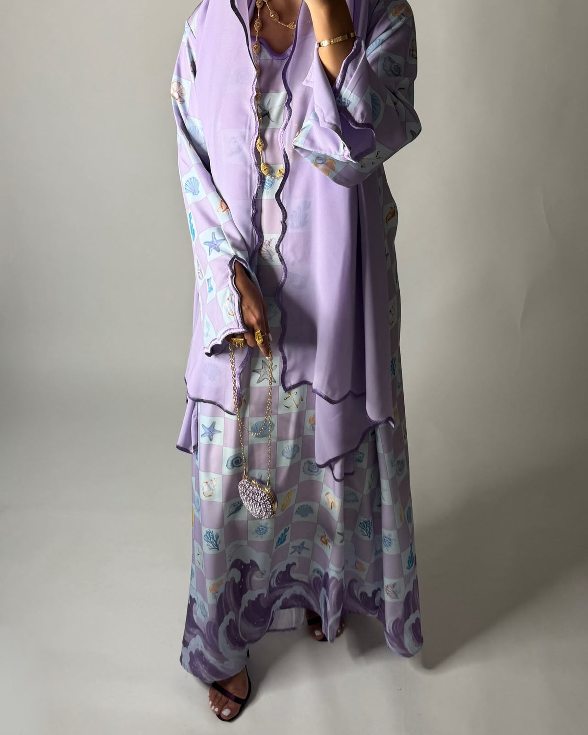 A679 - Lilac Purple & Baby Blue Waves Checkered Jalabiya & Matching Head Scarf