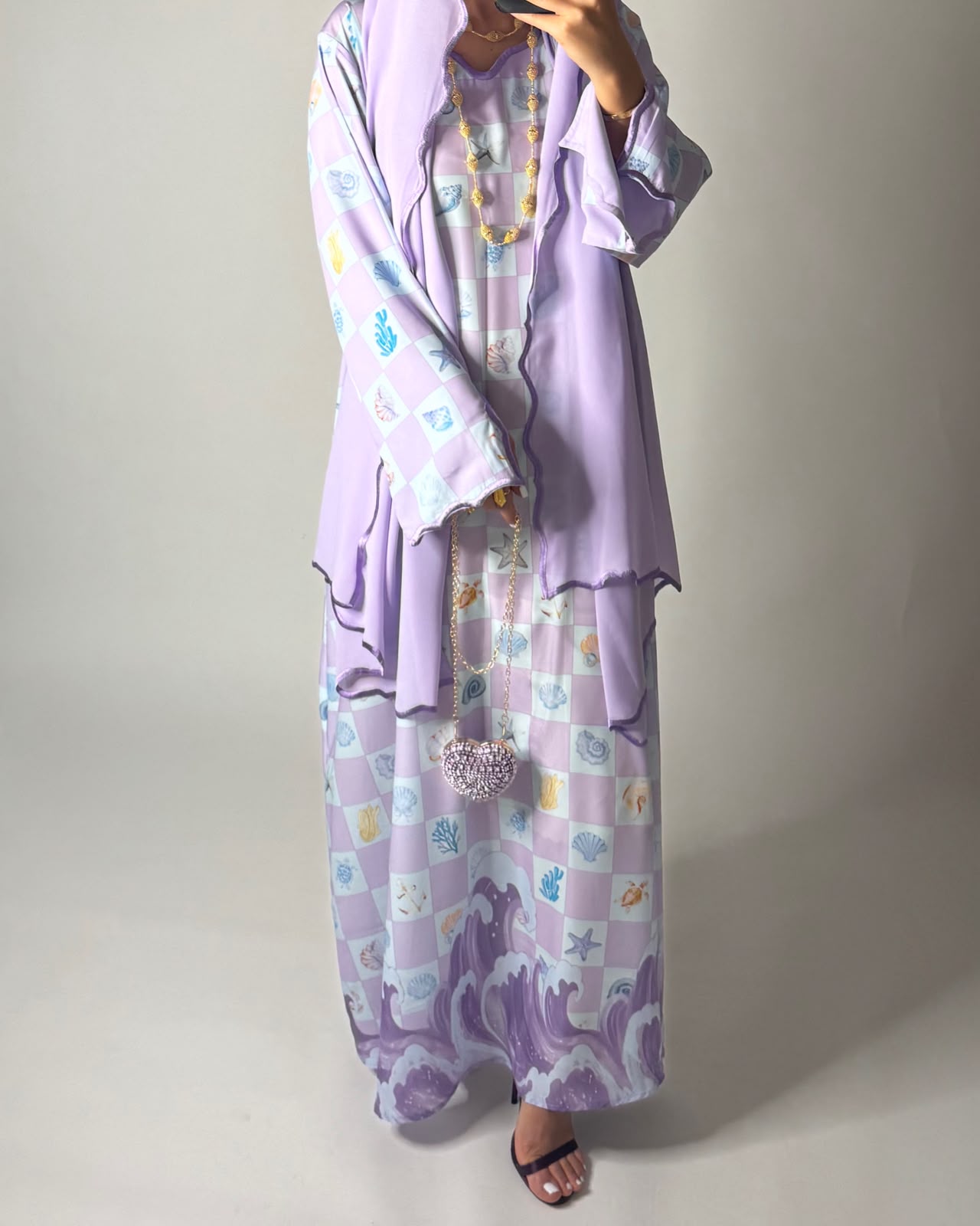 A679 - Lilac Purple & Baby Blue Waves Checkered Jalabiya & Matching Head Scarf