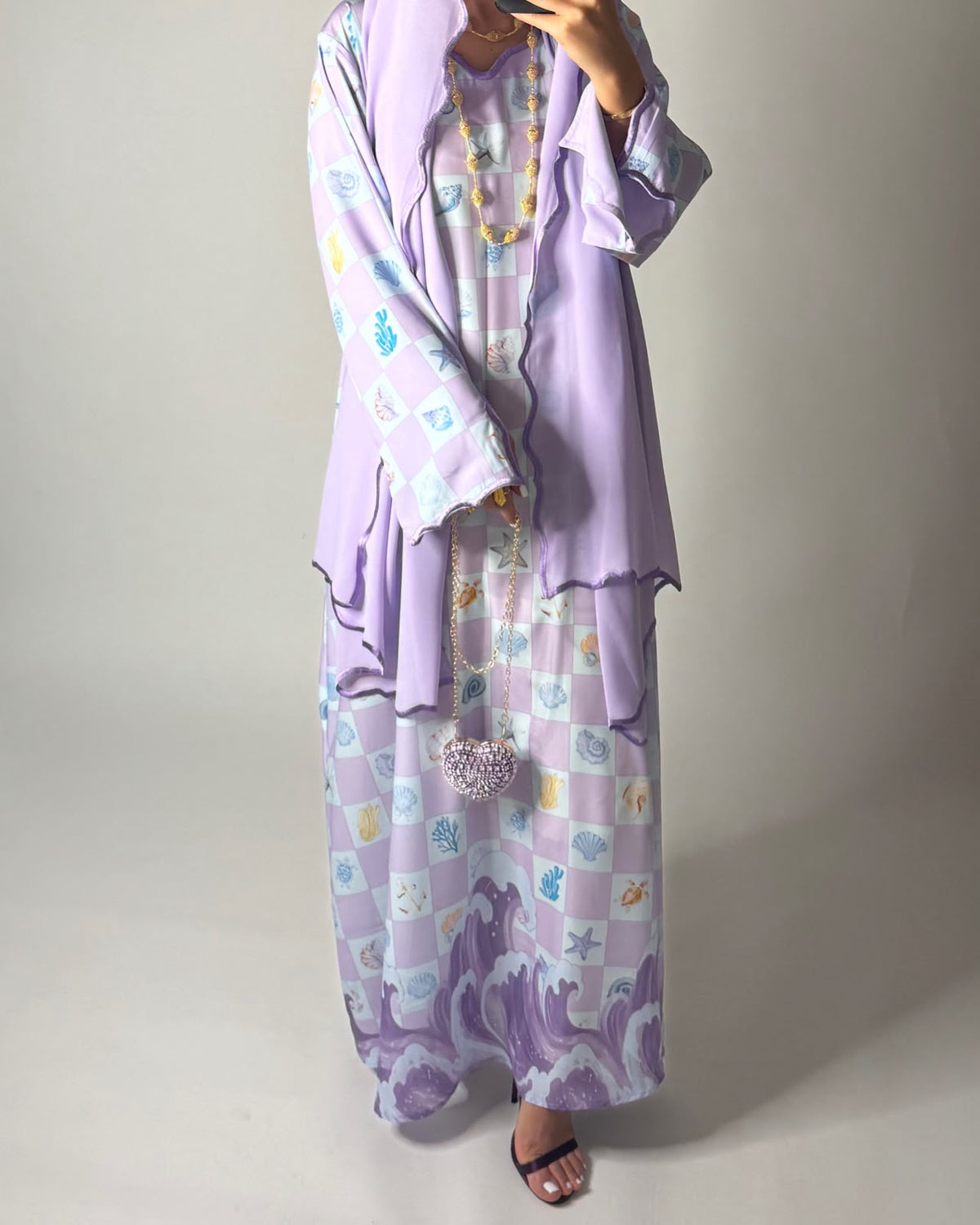 A679 - Lilac Purple & Baby Blue Waves Checkered Jalabiya & Matching Head Scarf