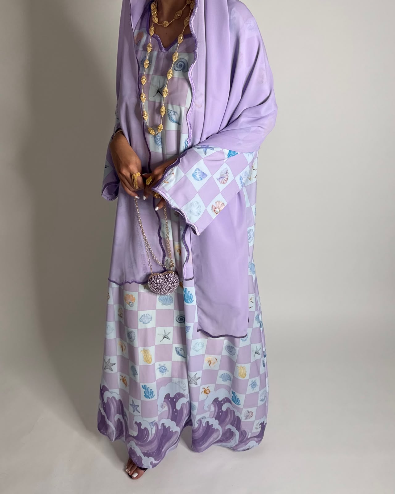 A679 - Lilac Purple & Baby Blue Waves Checkered Jalabiya & Matching Head Scarf