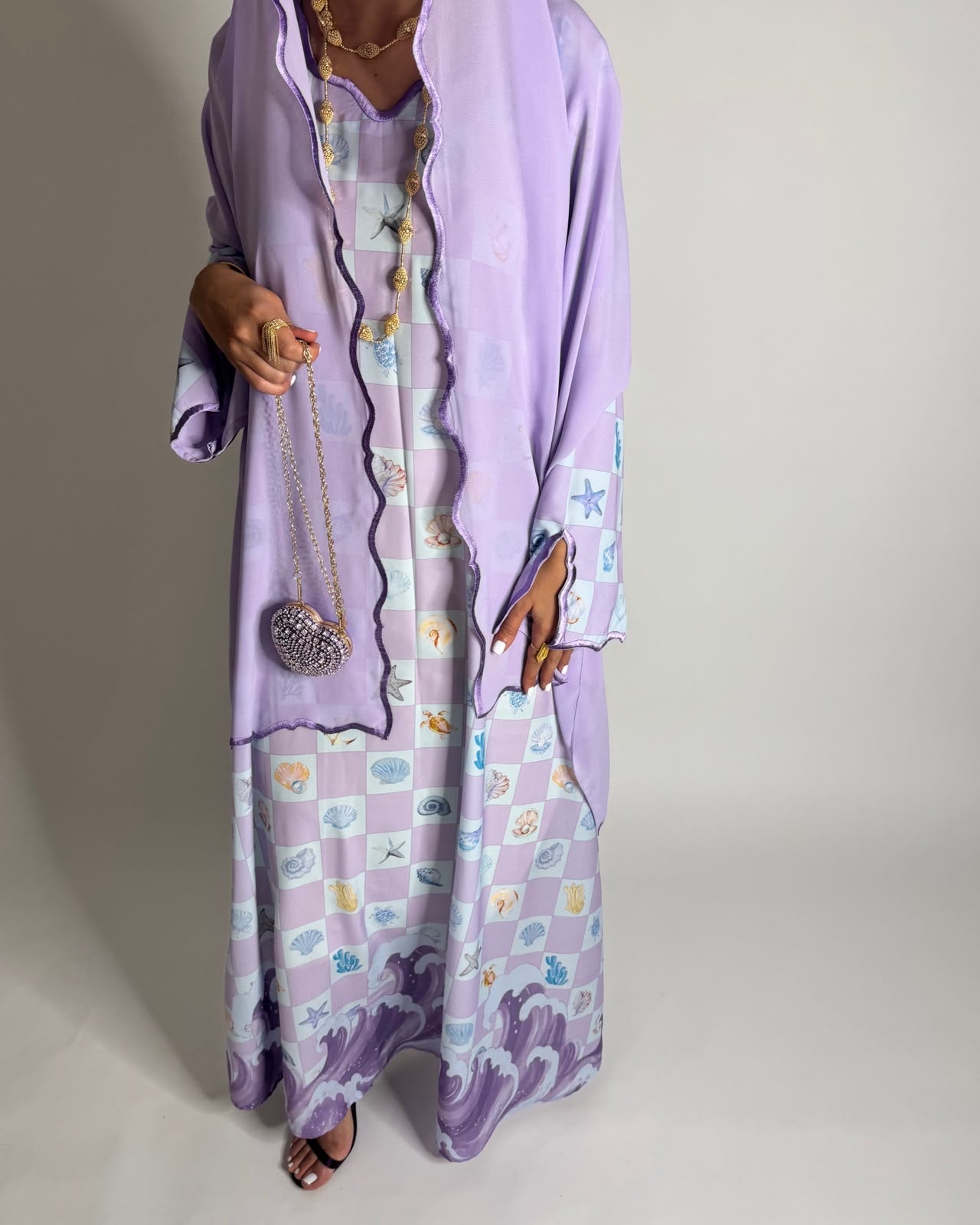 A679 - Lilac Purple & Baby Blue Waves Checkered Jalabiya & Matching Head Scarf