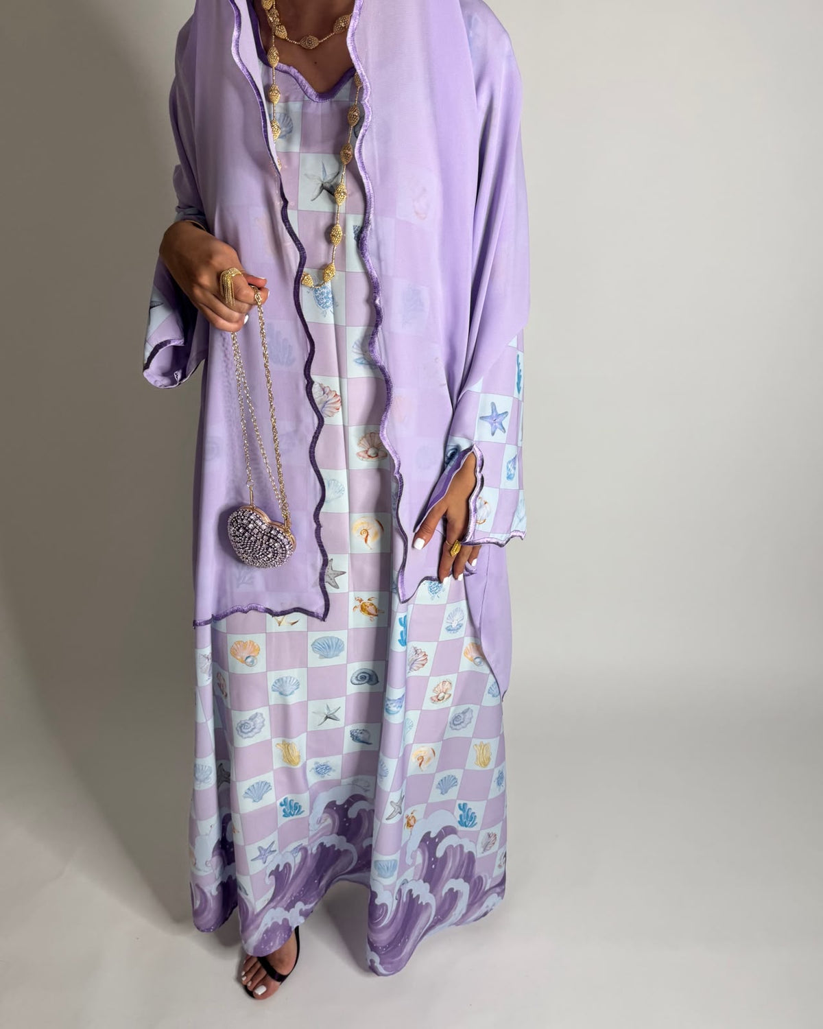 A679 - Lilac Purple & Baby Blue Waves Checkered Jalabiya & Matching Head Scarf