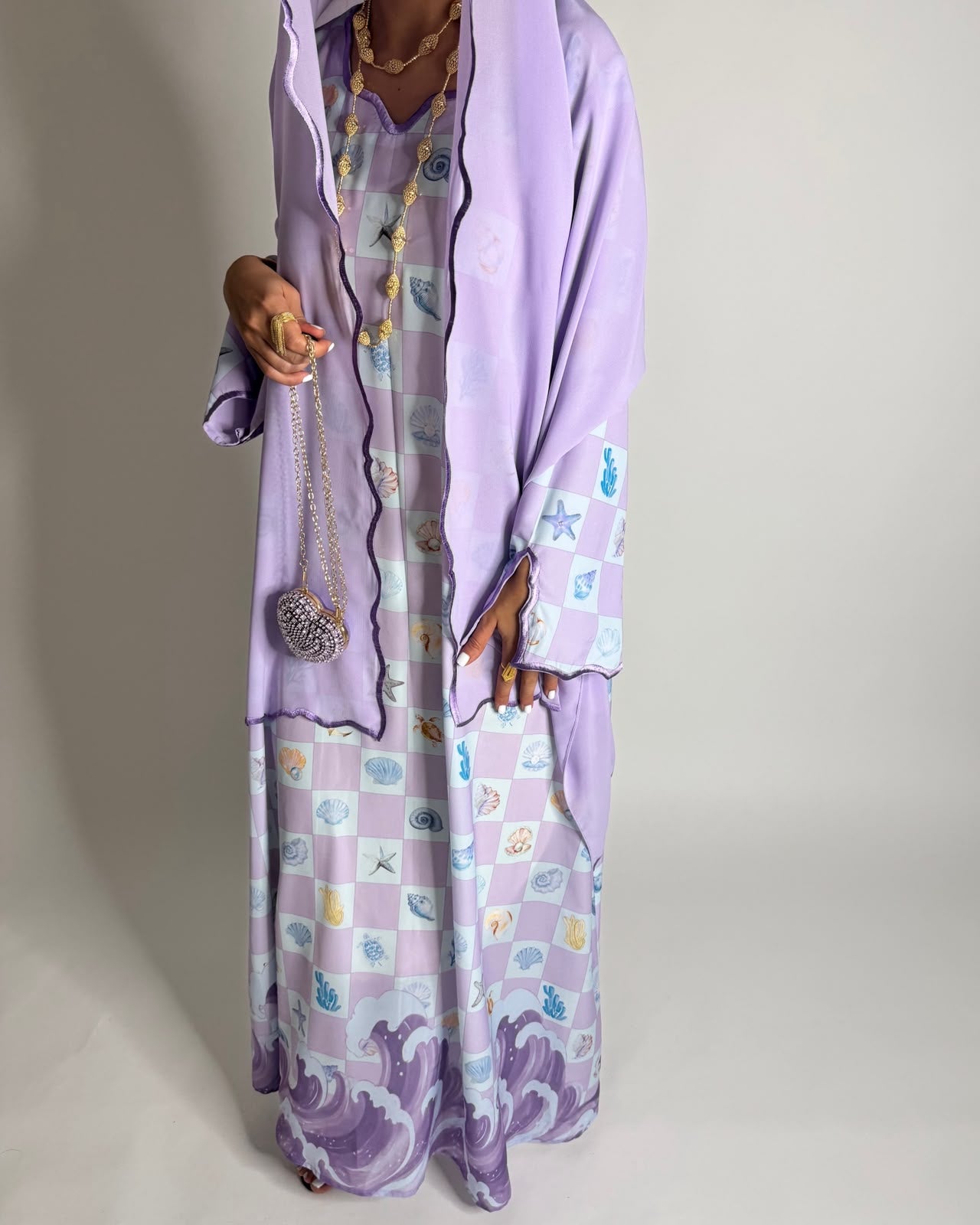 A679 - Lilac Purple & Baby Blue Waves Checkered Jalabiya & Matching Head Scarf